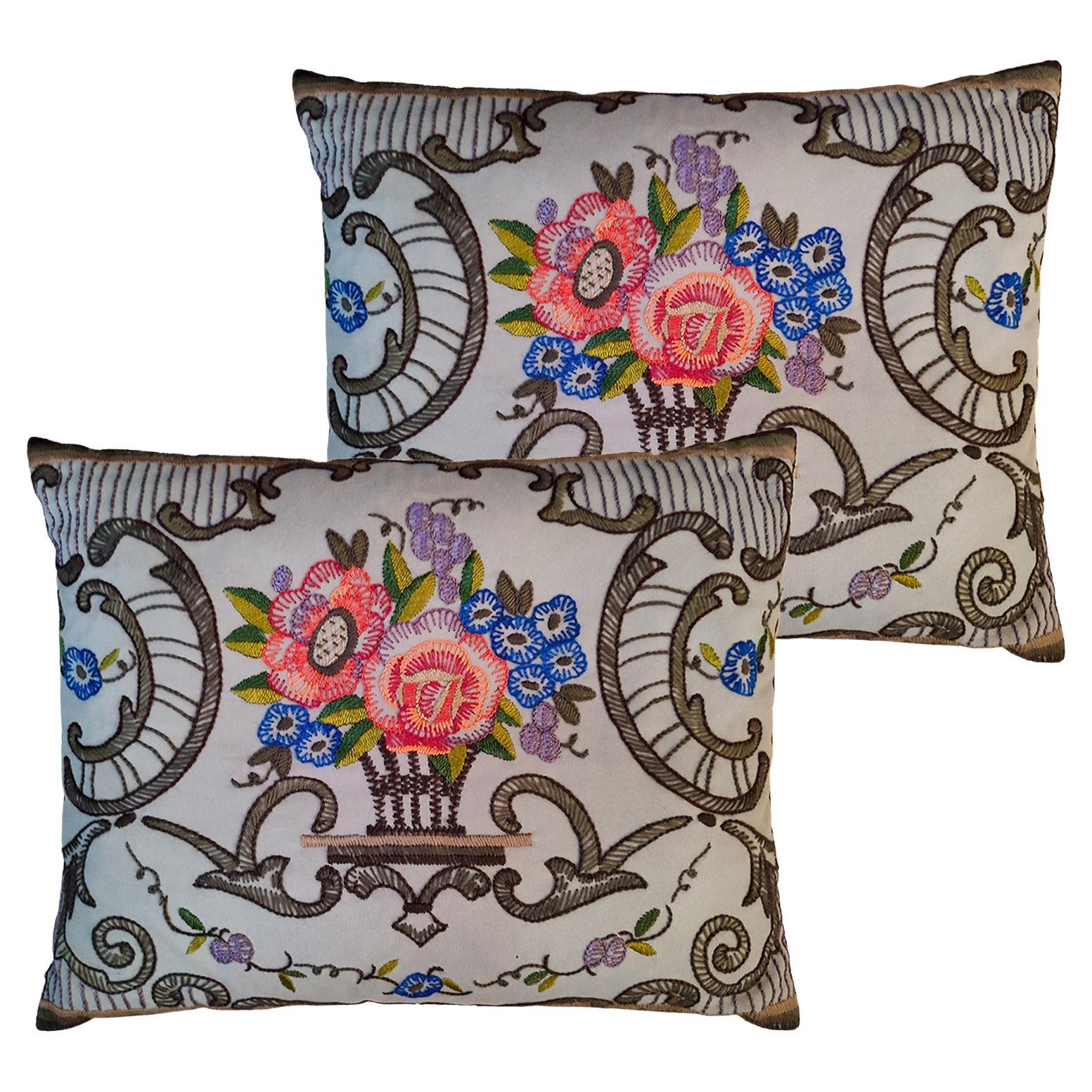 21st Century Pair of Jute Embroidered Pillows by, Karma Living For Sale