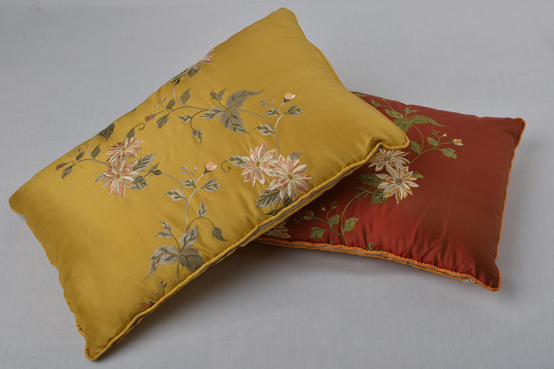 Pair of embroidered silk elegant pillows with brick, yellow, orange, Bordeaux shades: to give a new spring air to Your living room.