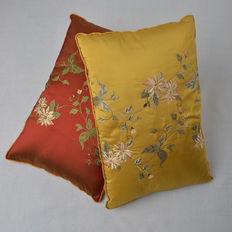 Pair of Embroidered Silk Cushions or Pillows For Sale at 1stDibs