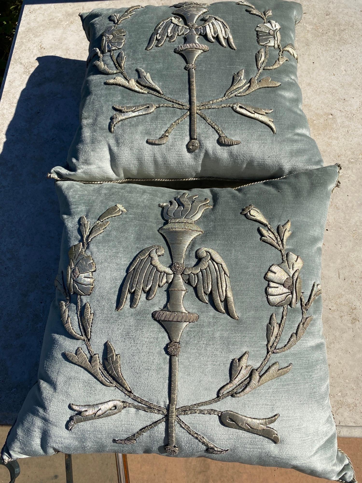 Pair of Embroidery Pillows, Antique trim 1