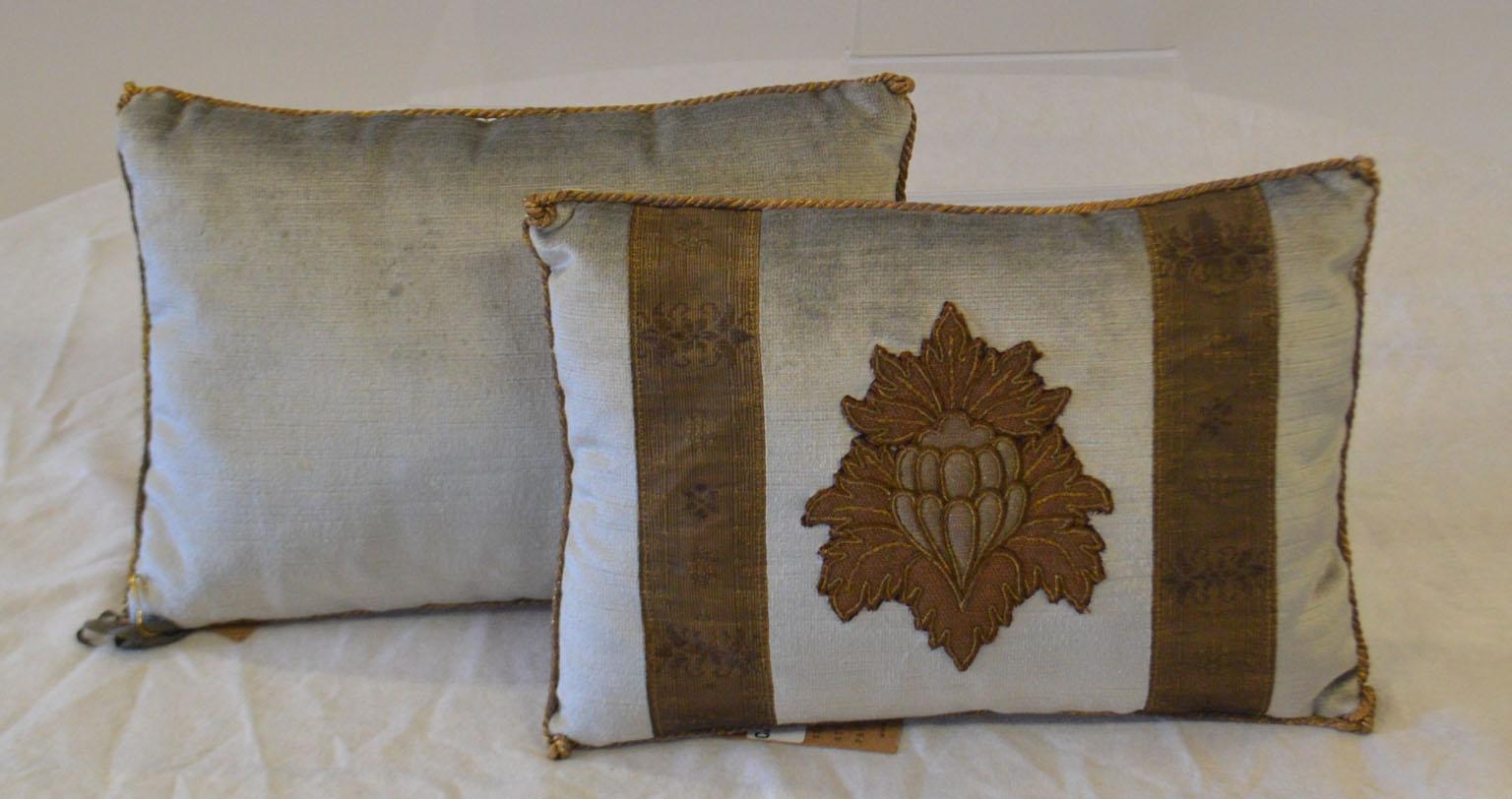 Hand-Crafted Pair of Embroidery Pillows, Antique Trim For Sale