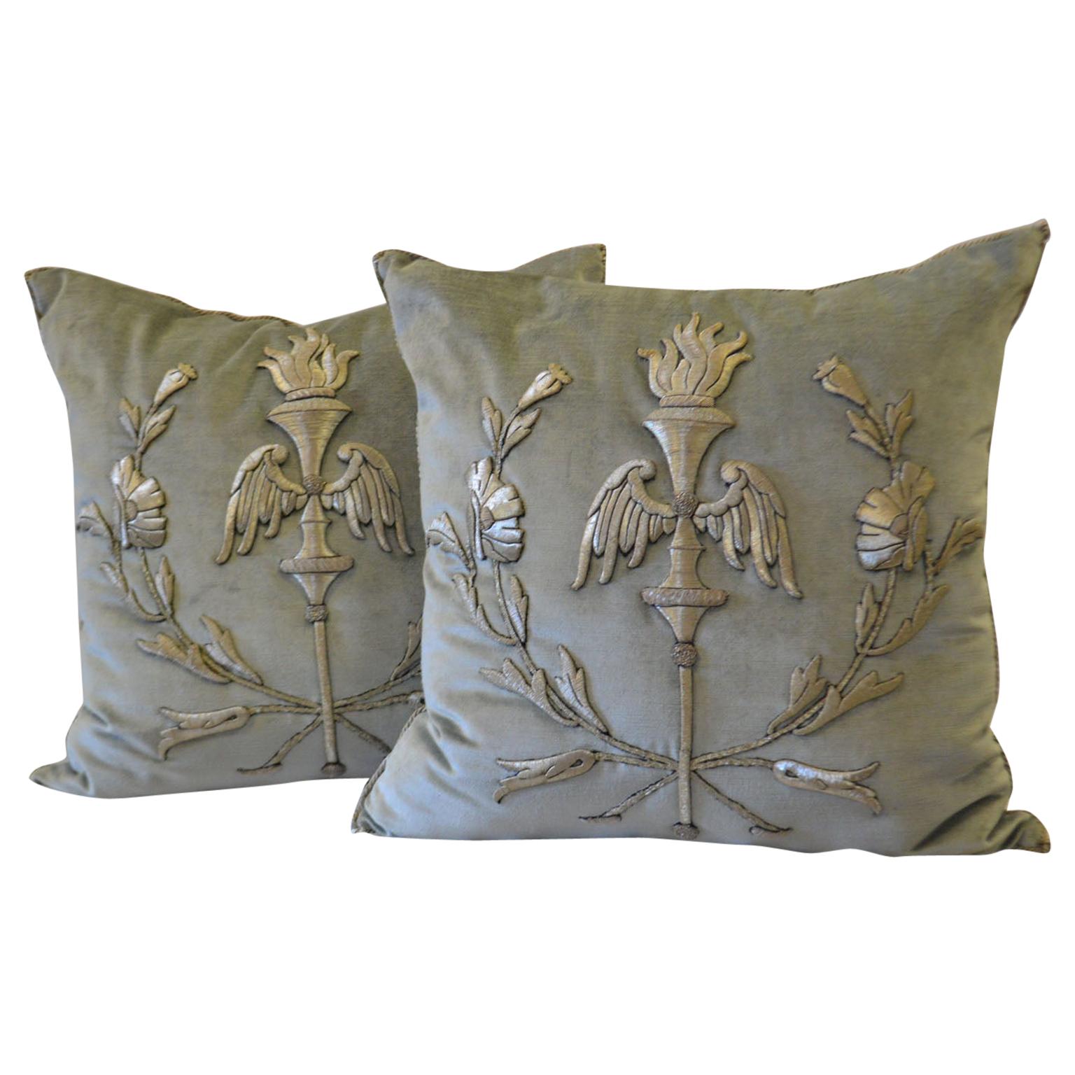 Pair of Embroidery Pillows, Antique trim