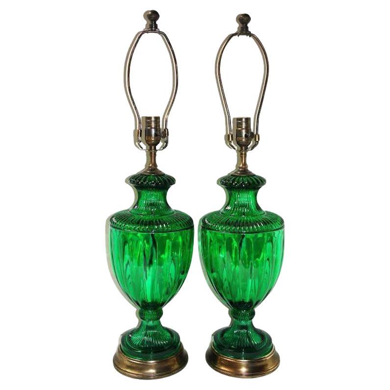 Pair of Emeral Green Glass Lamps For Sale