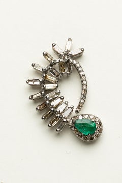 Pair of Emerald and Baguette Diamond Drop Stud Earrings