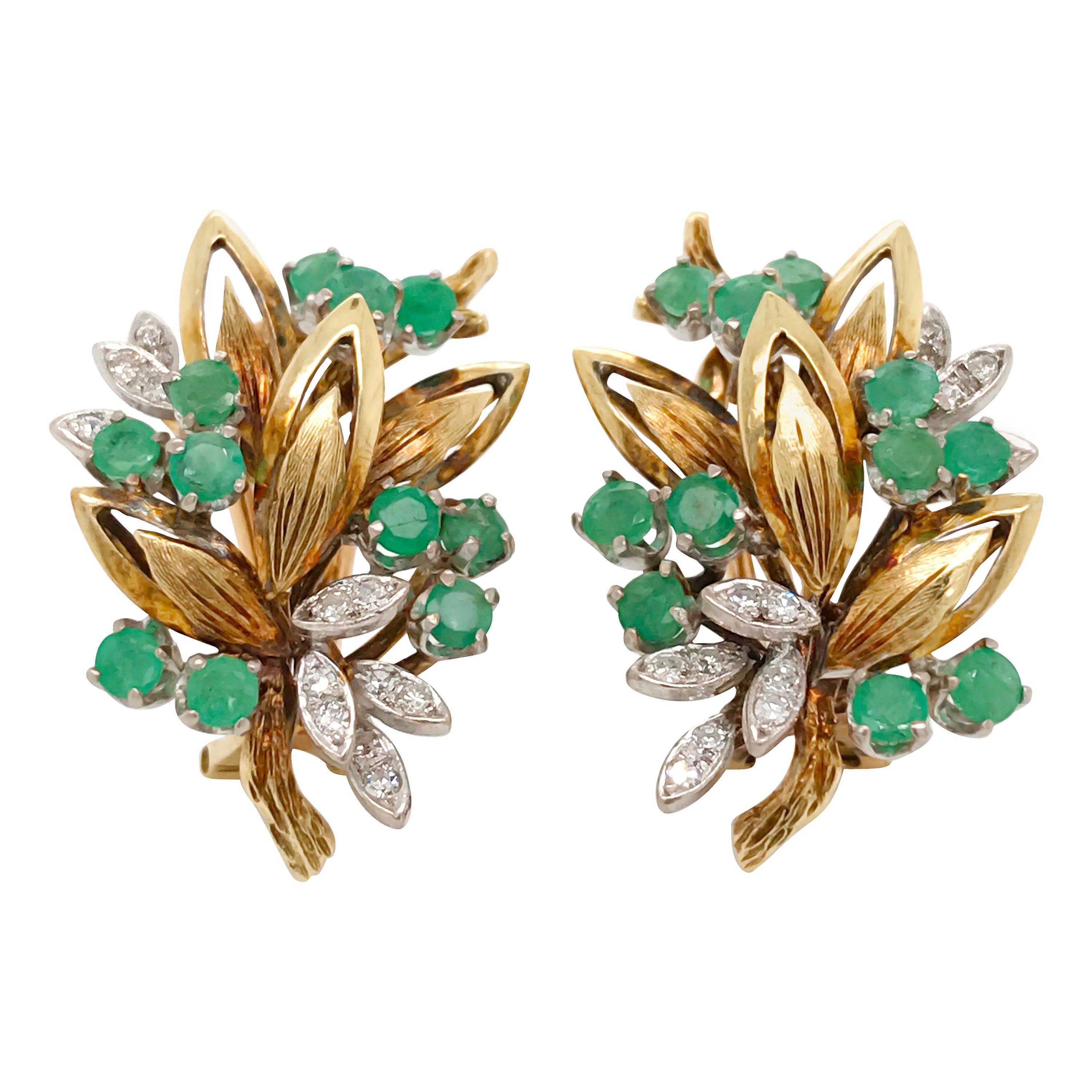 Pair of Emerald and Diamond 14 Karat Gold Earrings