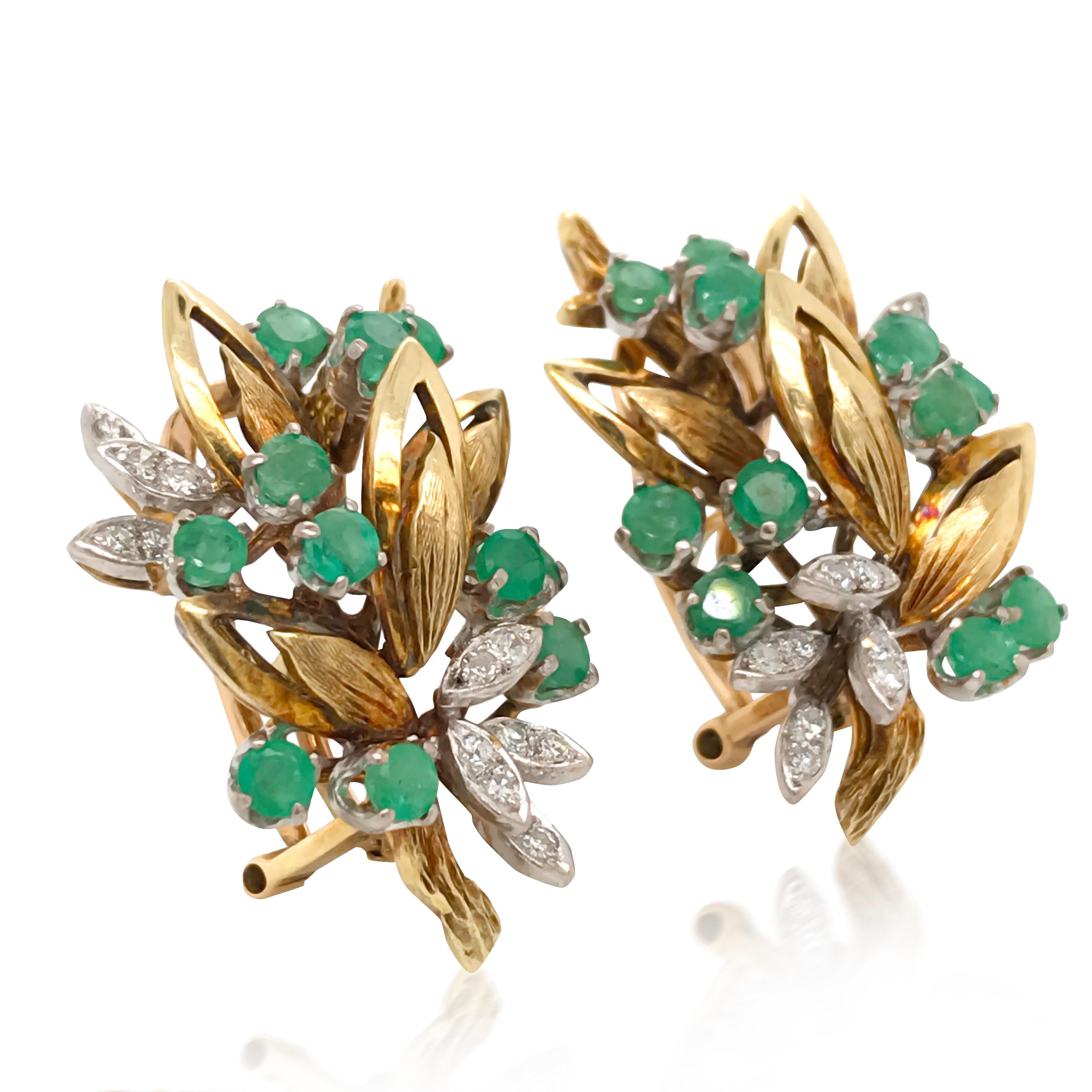 This alluring and cute pair of gold earrings features 14K fine-grained gold work highly decorated with emeralds and diamonds. The total 22 round cut emeralds weigh approx. 2.0cts, and the total 14 marquise cut diamonds weigh approx. 1.5cts. The