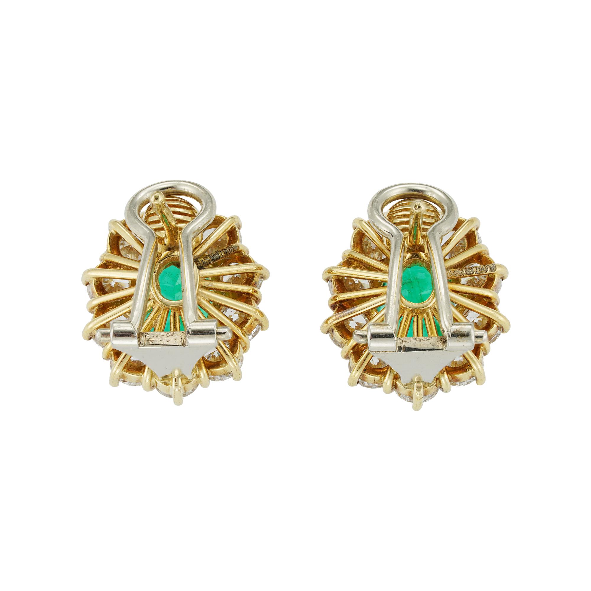 Modern Pair of Emerald and Diamond Cluster Earrings