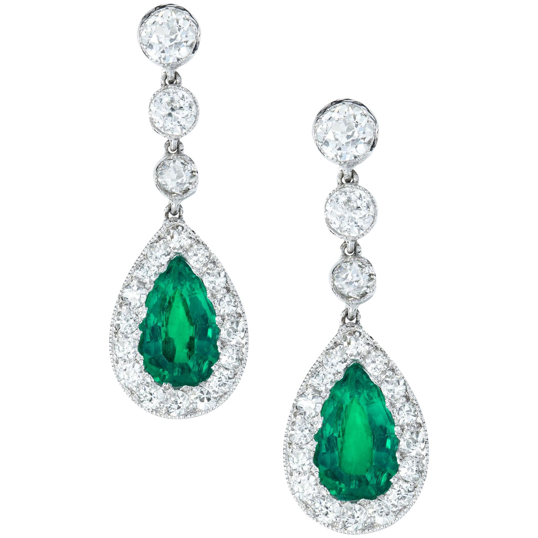 Pair of Emerald and Diamond Drop Earrings