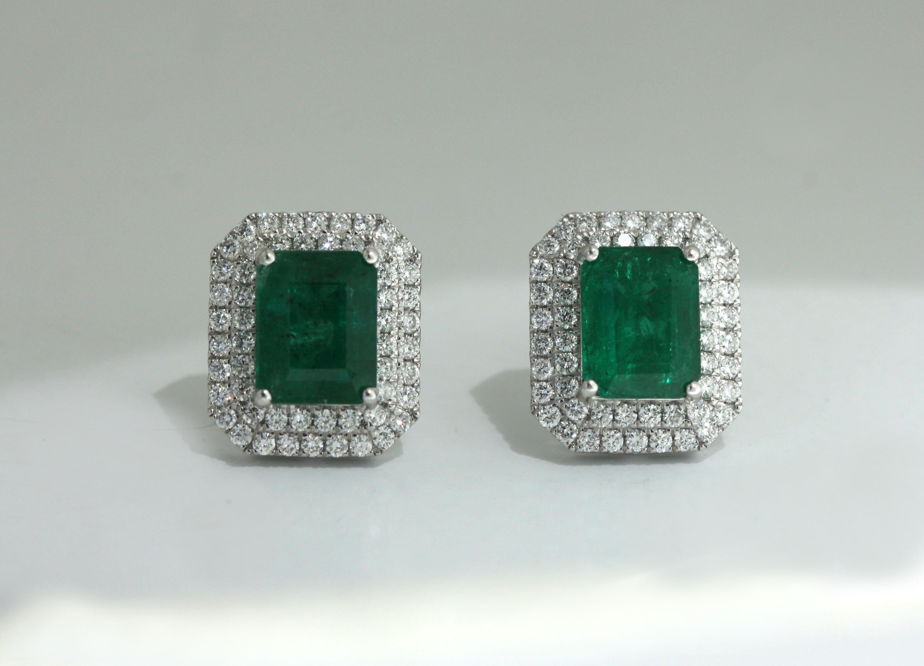 Emerald Cut Pair of Emerald and Diamond Earrings