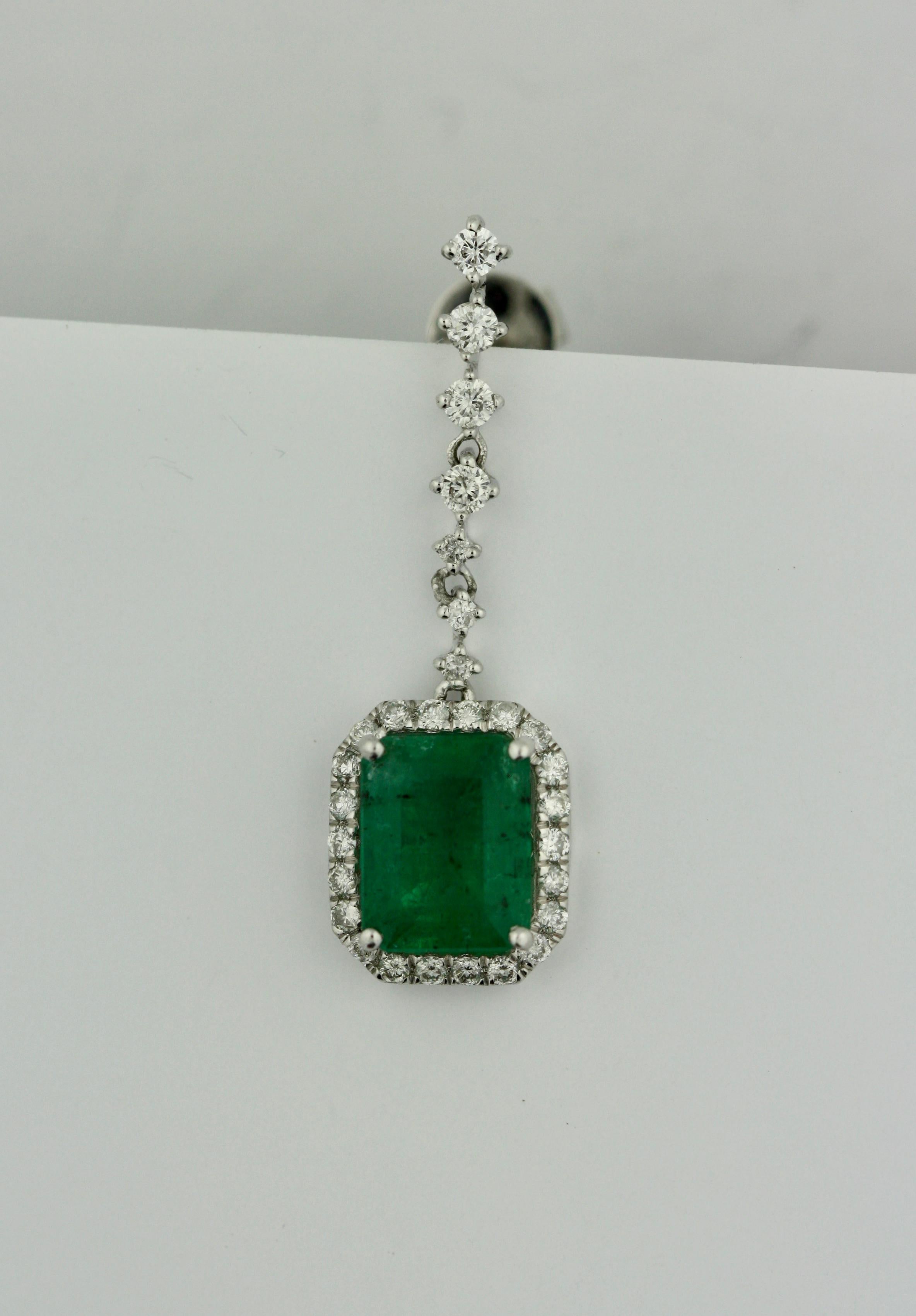 Emerald Cut Pair of Emerald and Diamond Earrings