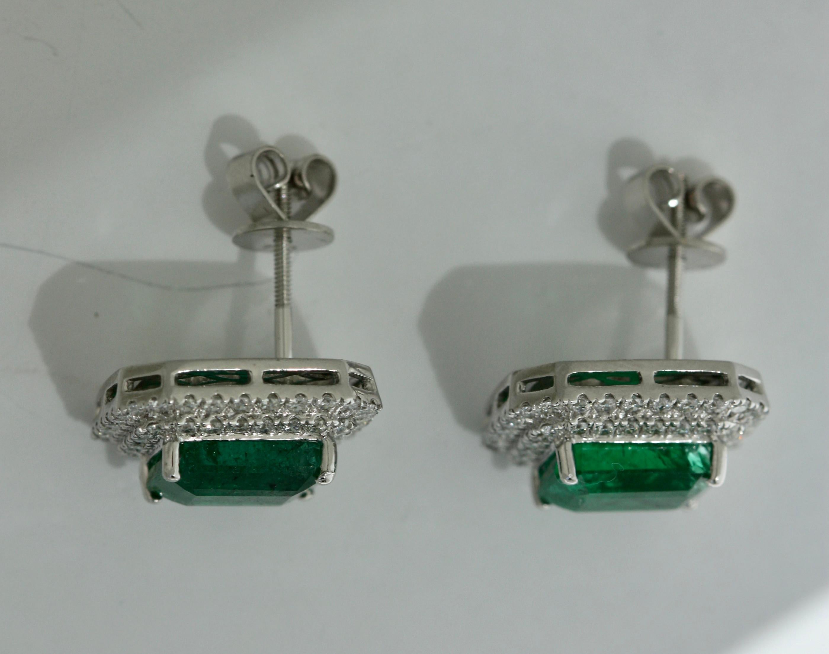 Women's or Men's Pair of Emerald and Diamond Earrings