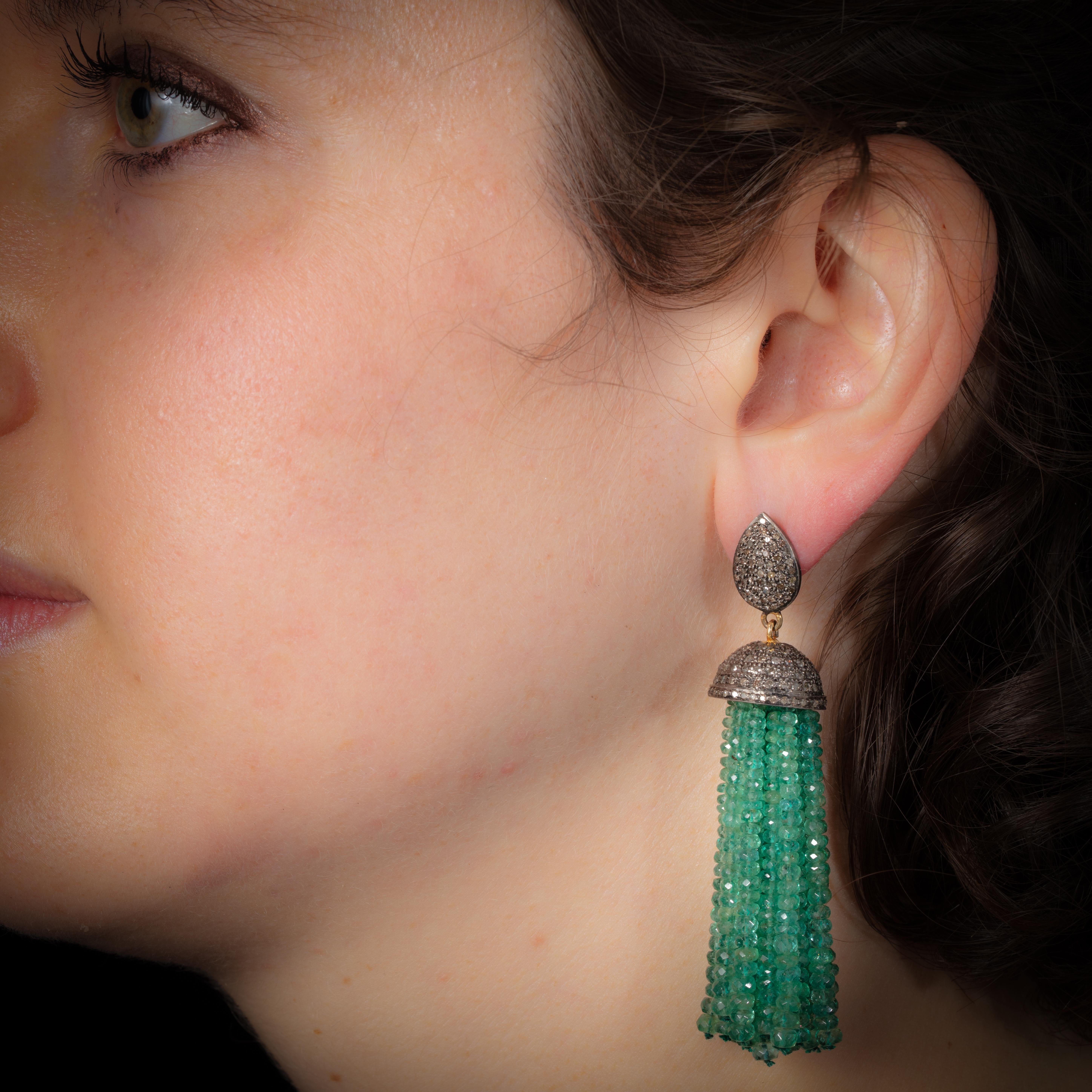 Round Cut Pair of Emerald and Diamond Tassel Earrings