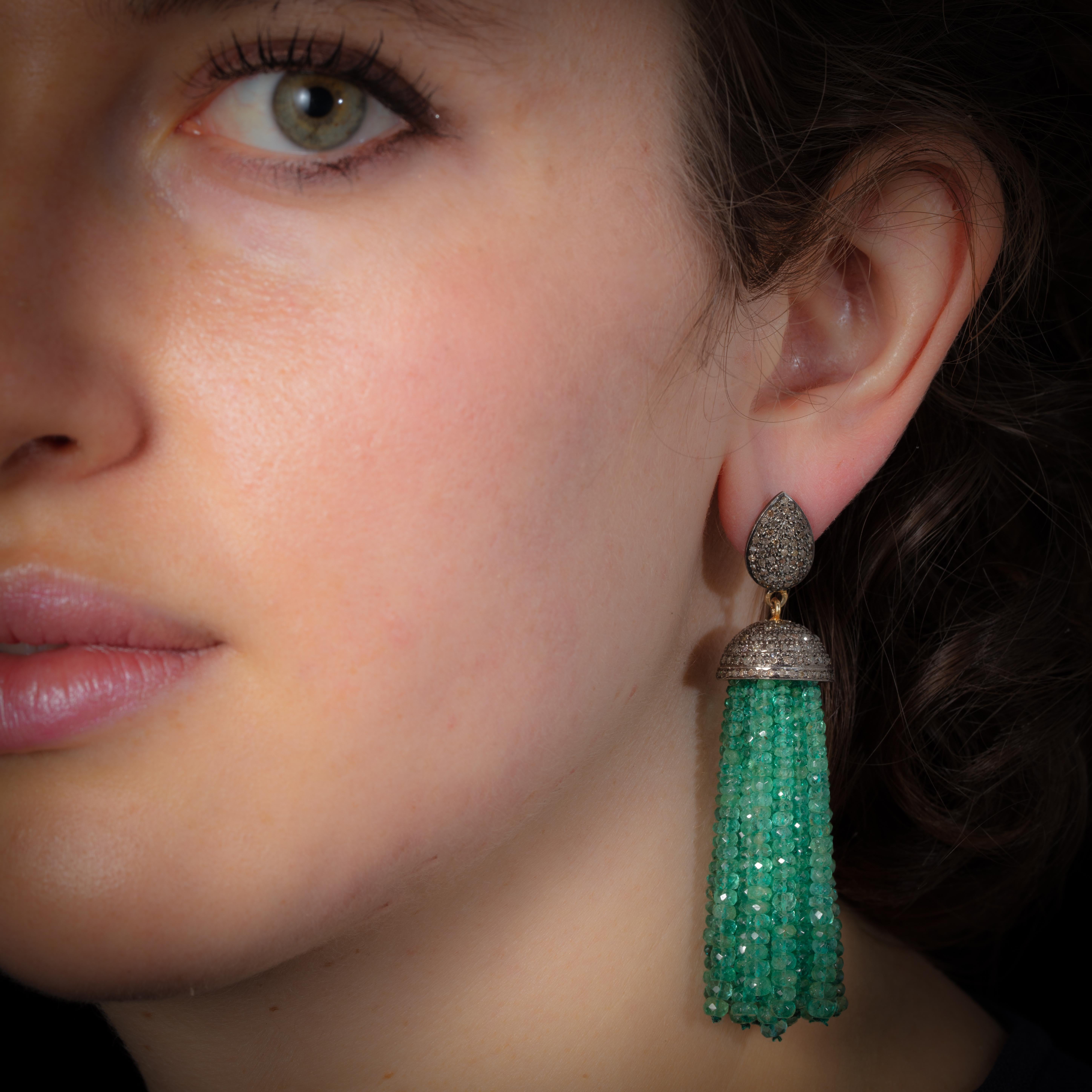 Pair of Emerald and Diamond Tassel Earrings In Excellent Condition In Nantucket, MA