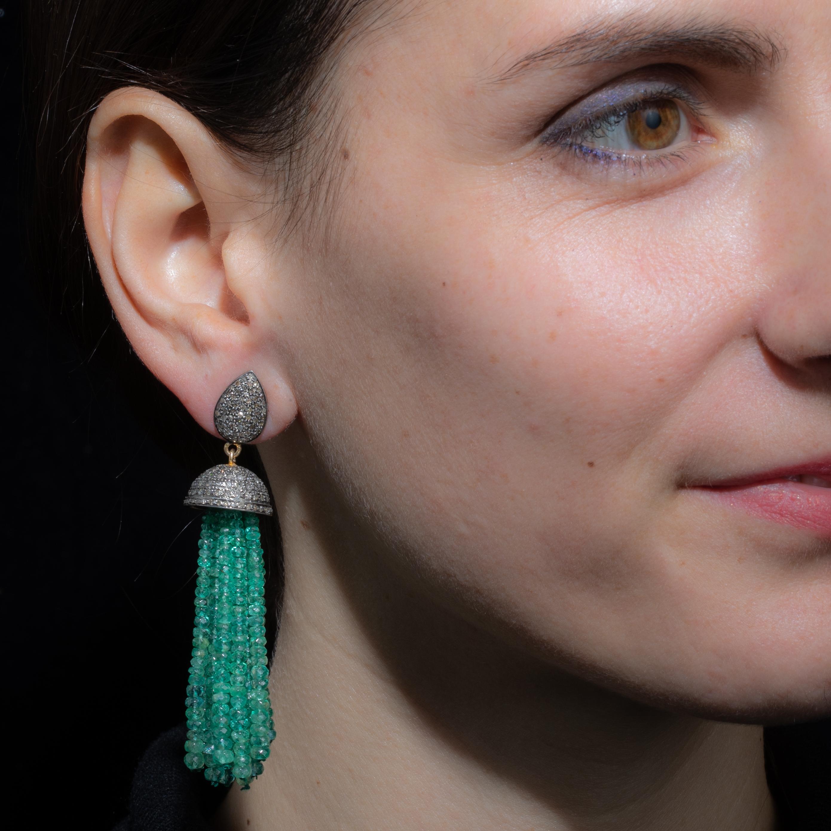 Women's or Men's Pair of Emerald and Diamond Tassel Earrings