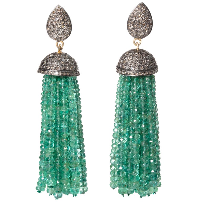 Pair of Emerald and Diamond Tassel Earrings at 1stDibs