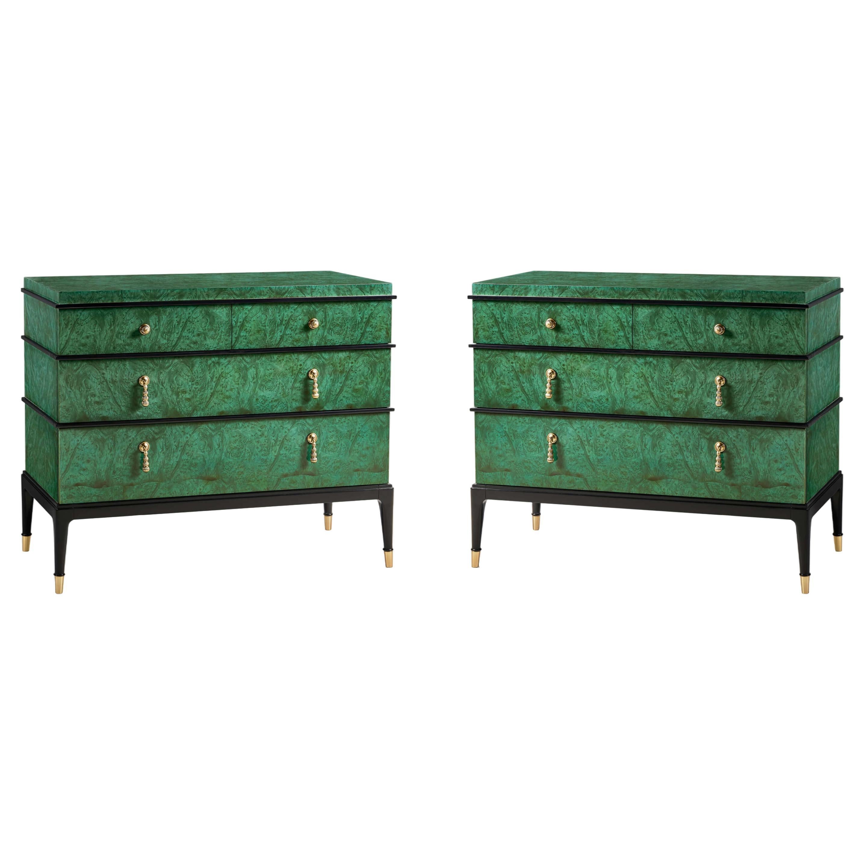 Pair of Emerald Art Deco Style Burl Wood Dressers For Sale