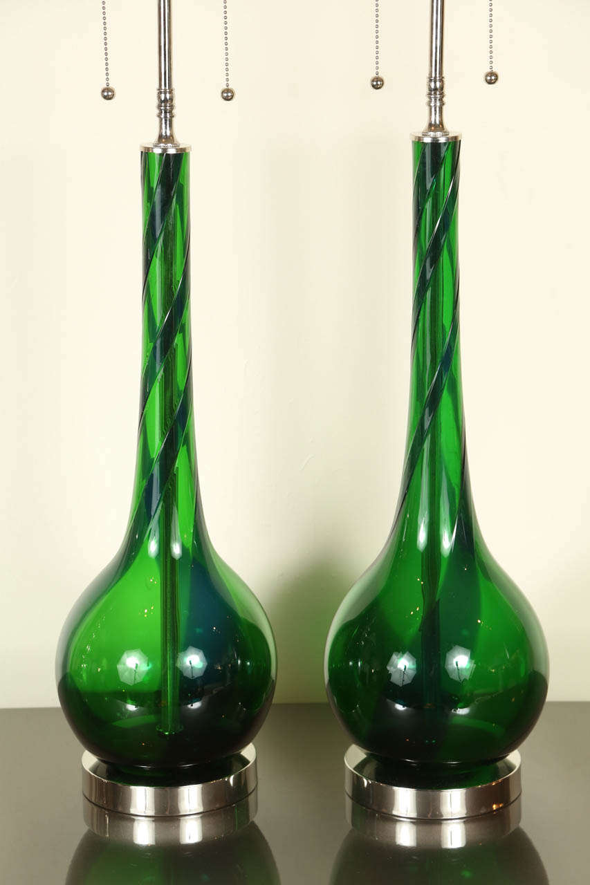 Mid-Century Modern Pair of Emerald Blown Glass Table Lamps