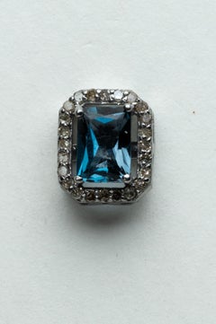 Pair of Emerald-cut London Blue Topaz and Diamond Studs