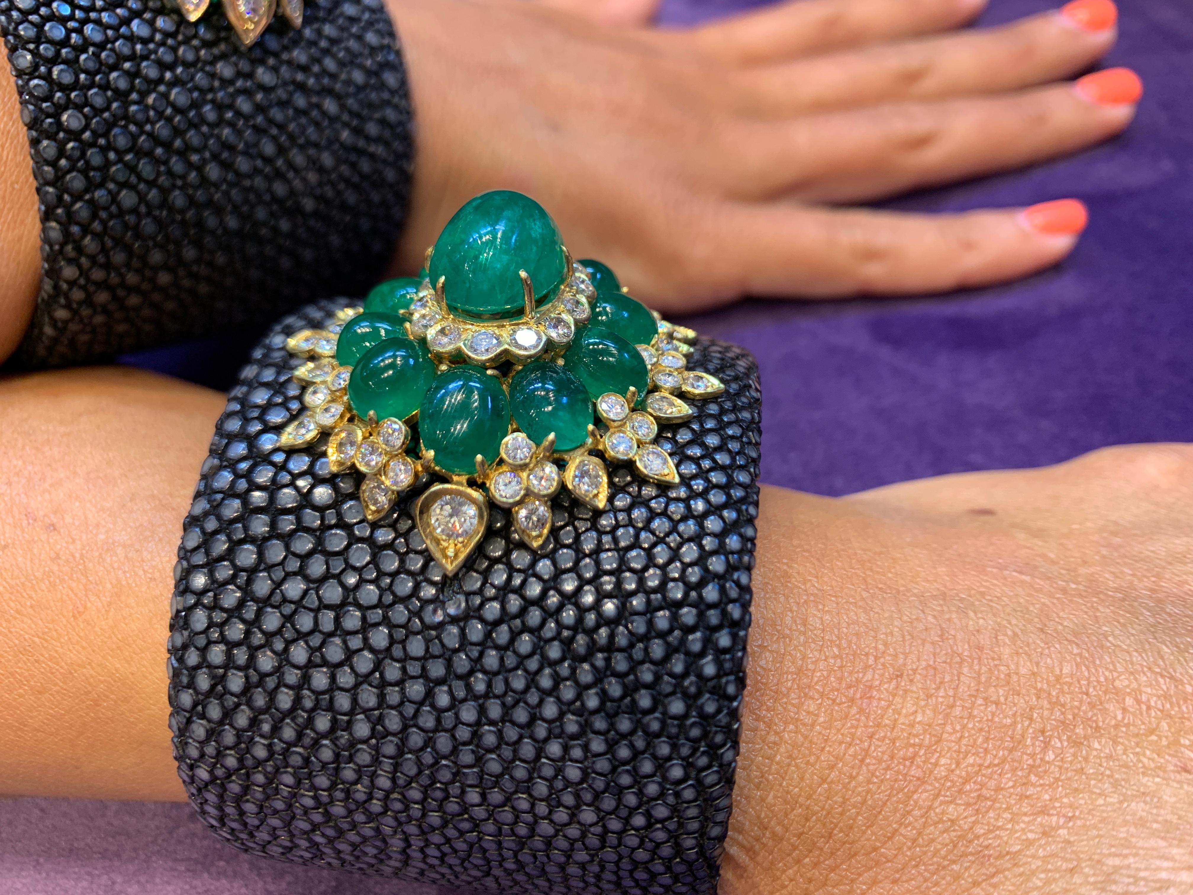 Women's or Men's Stylish Pair of Cabochon Emerald and Diamond Bangles