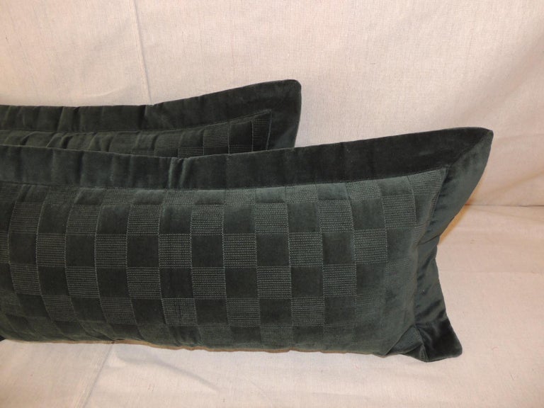 Pair of Emerald Green Cotton Velvet Checkerboard Pattern Bolster Modern