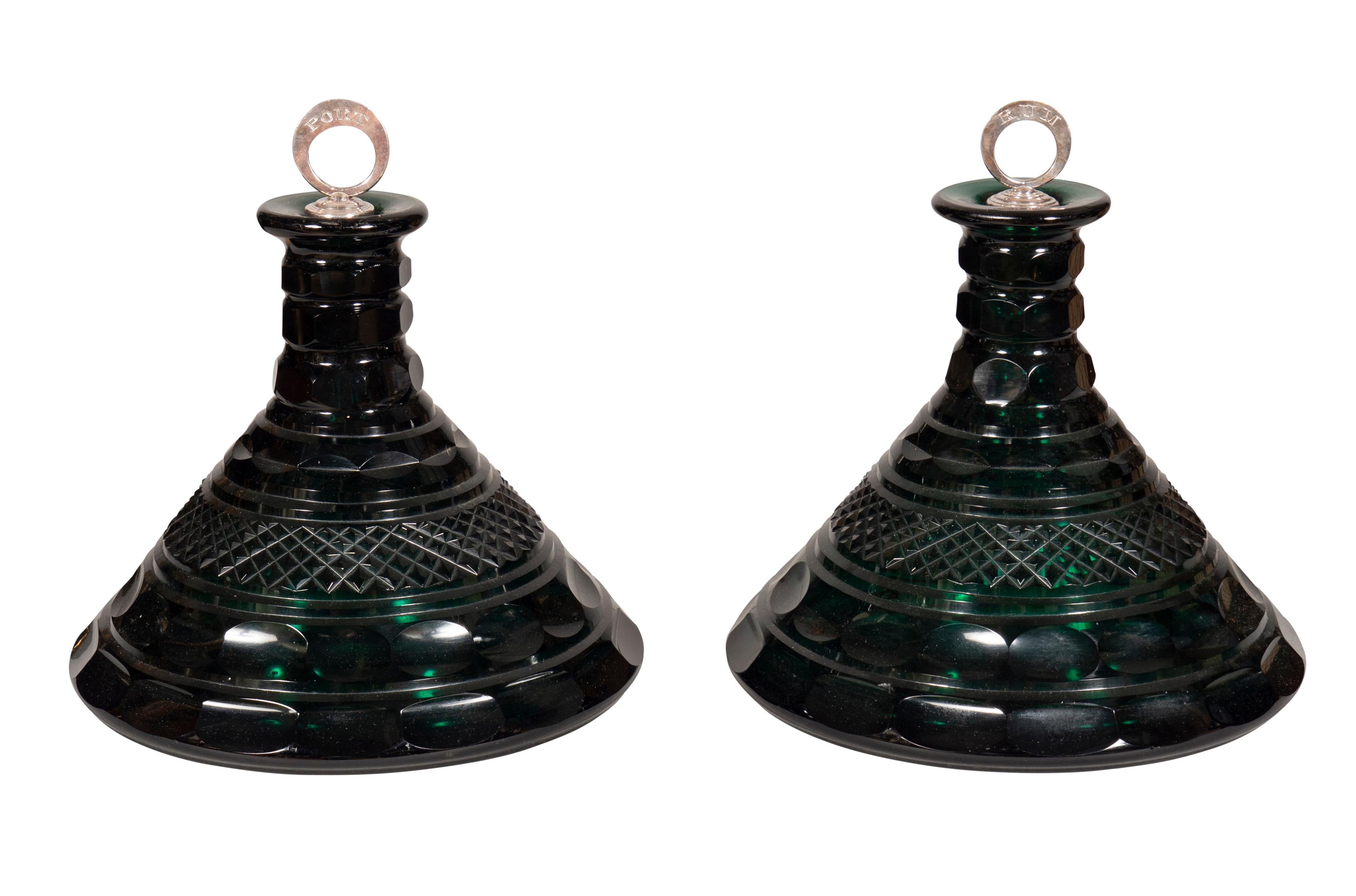 Pair Of Emerald Green Cut Glass Ships Decanters In Good Condition For Sale In Essex, MA