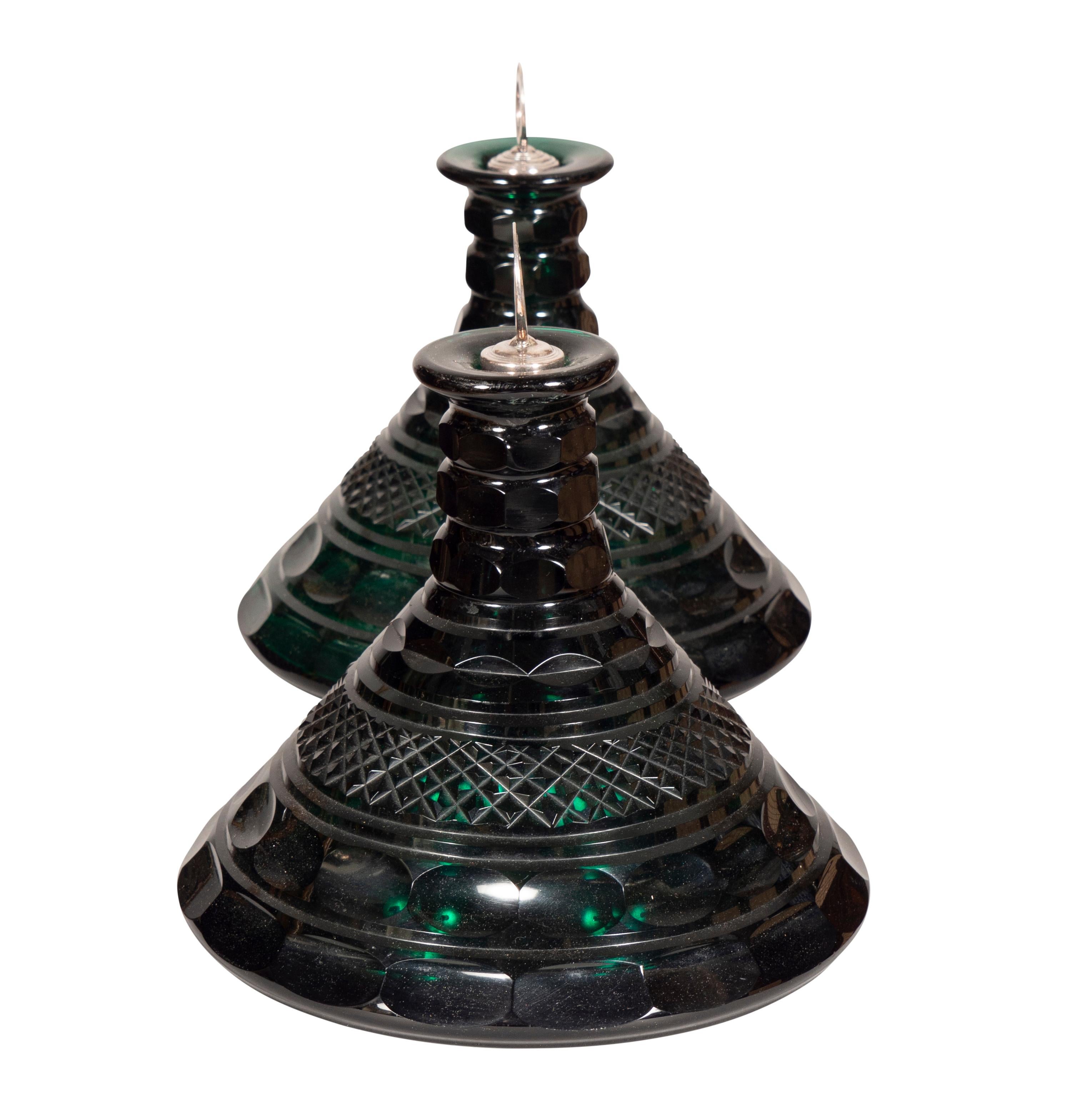 Silver Plate Pair Of Emerald Green Cut Glass Ships Decanters For Sale