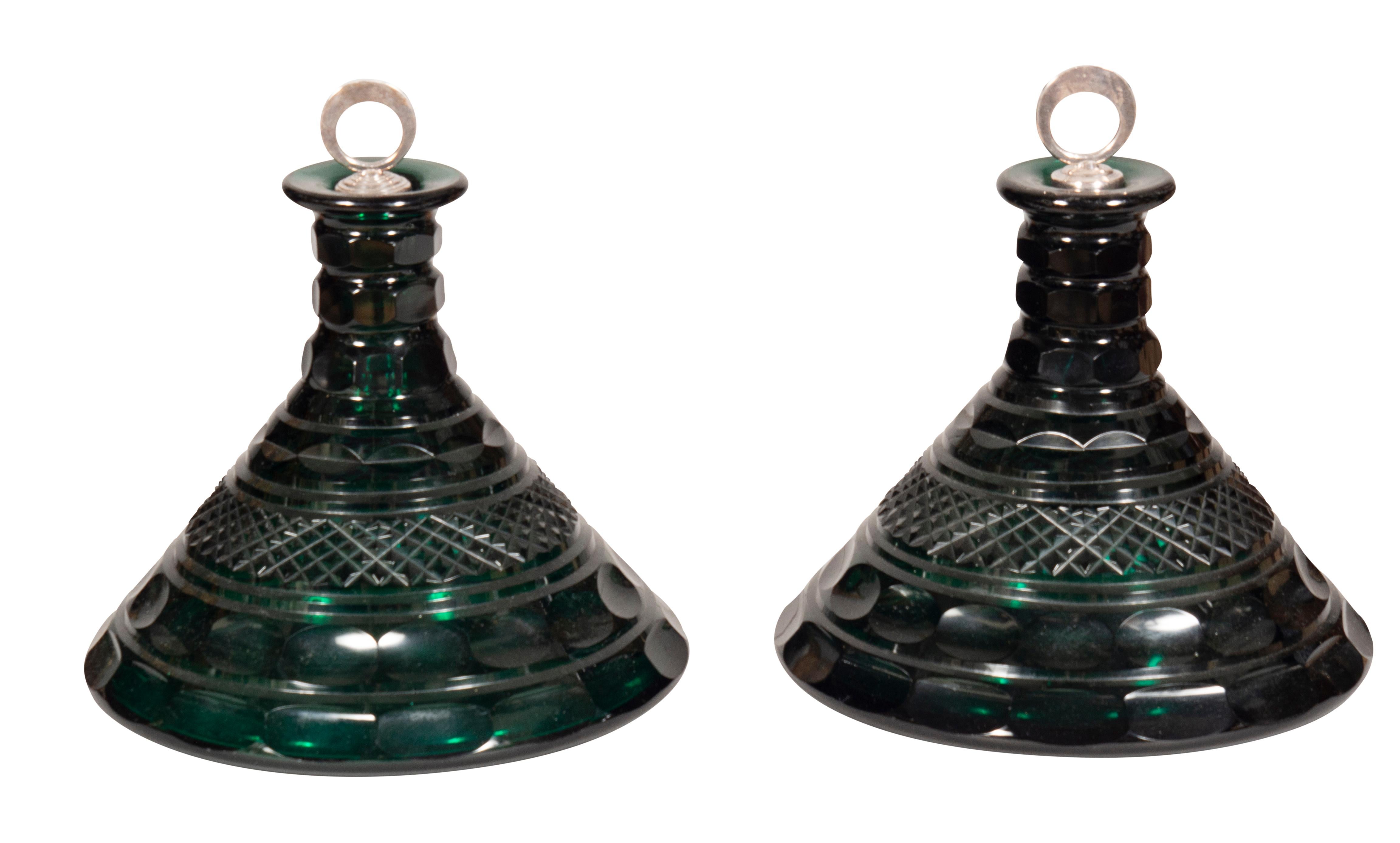 Pair Of Emerald Green Cut Glass Ships Decanters For Sale 1