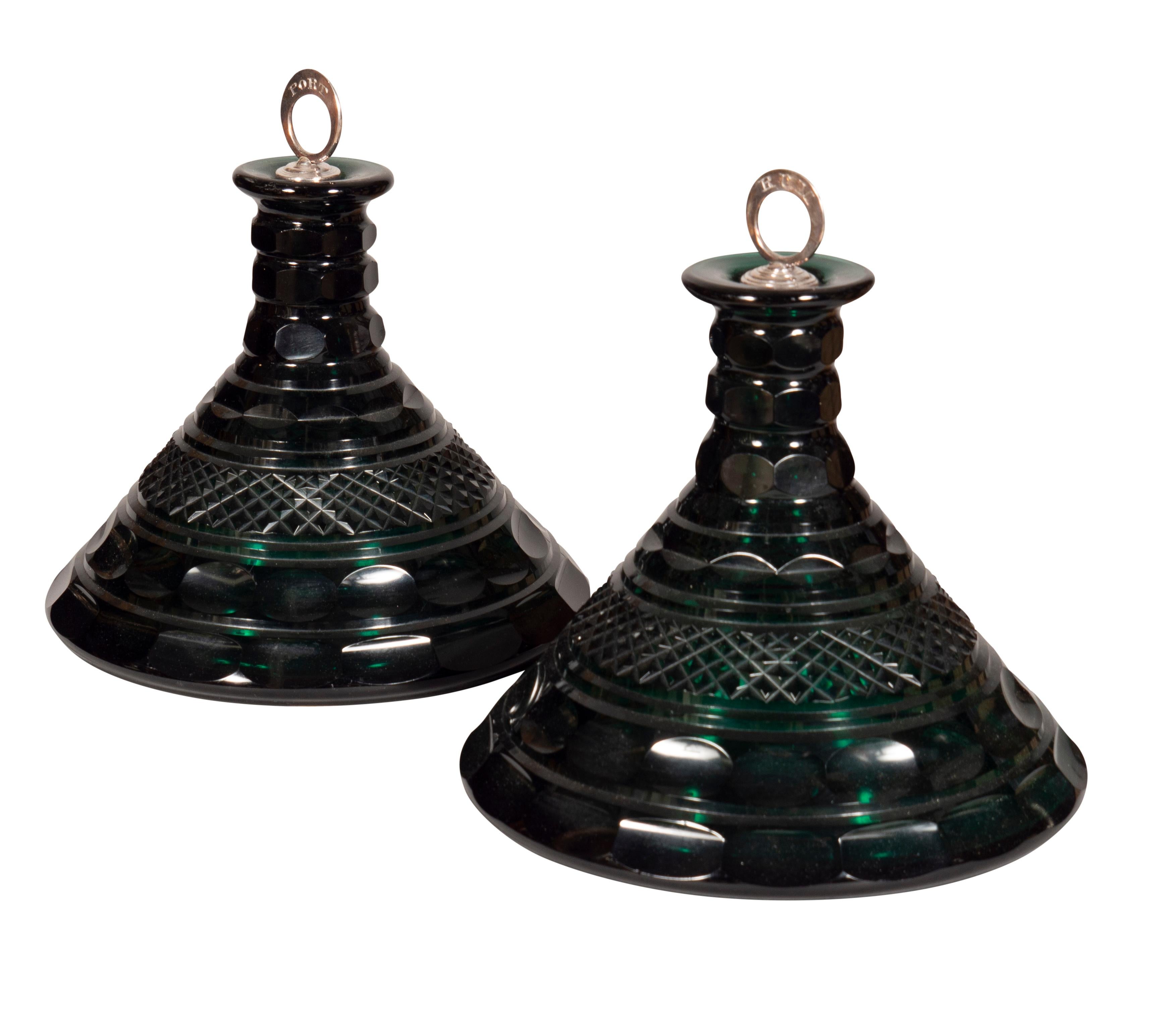 Pair Of Emerald Green Cut Glass Ships Decanters For Sale 3