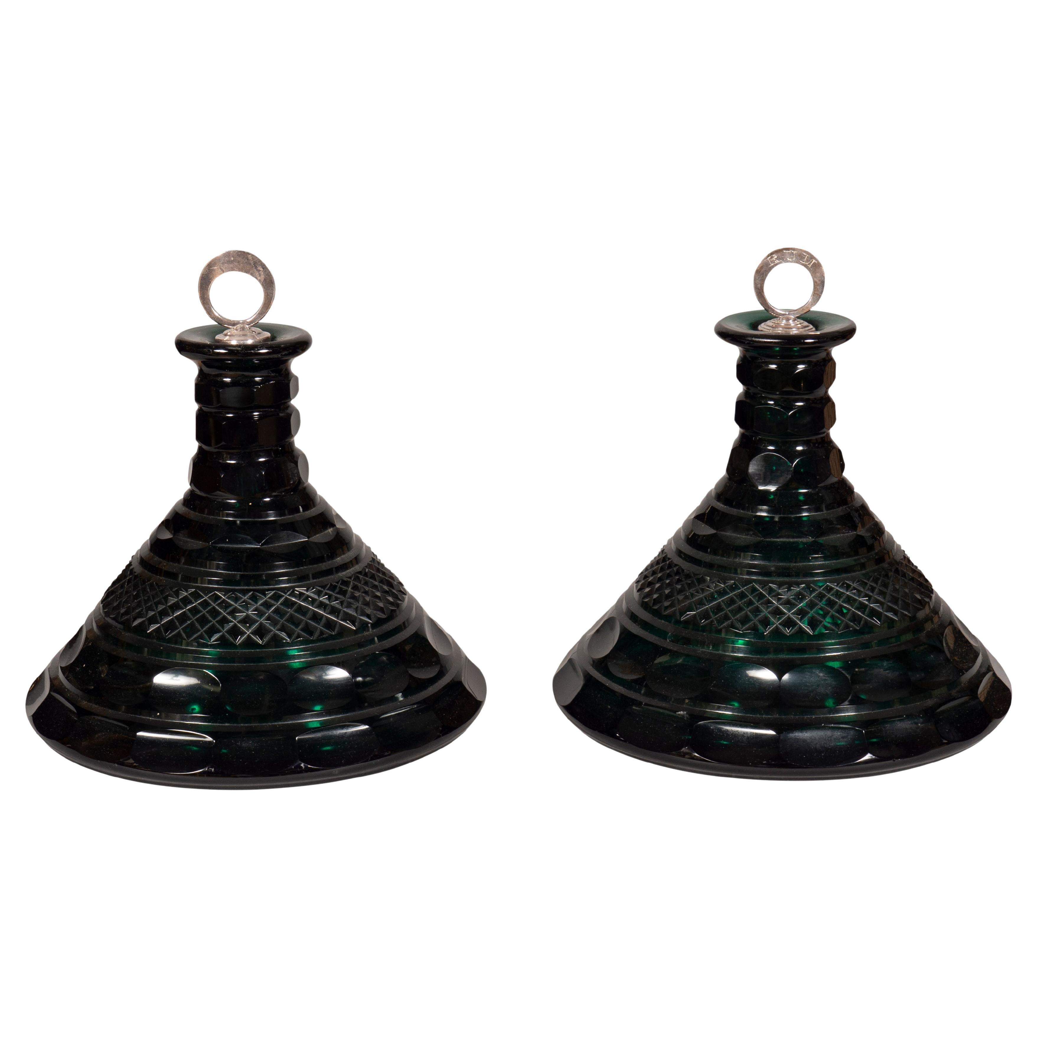 Pair Of Emerald Green Cut Glass Ships Decanters For Sale