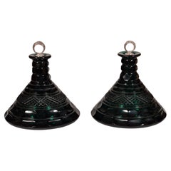 Pair Of Emerald Green Cut Glass Ships Decanters