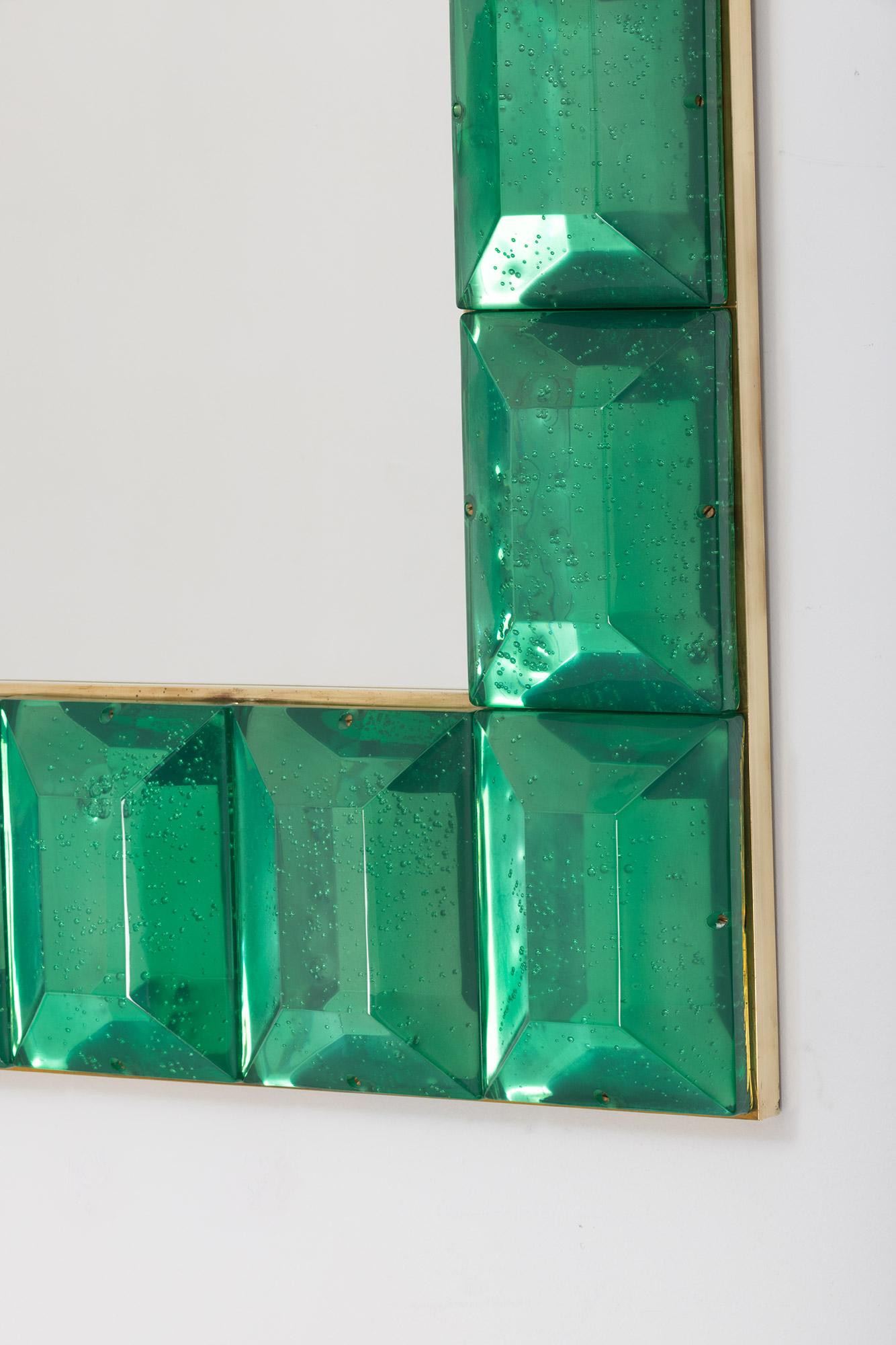 Contemporary Pair of Emerald Green Diamond Murano Glass Mirror, in Stock For Sale