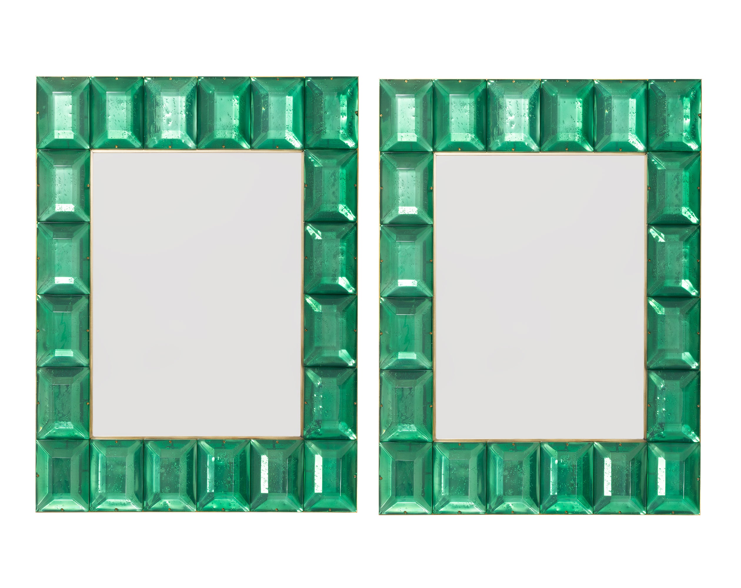 Pair of Emerald Green Diamond Murano Glass Mirror, in Stock For Sale