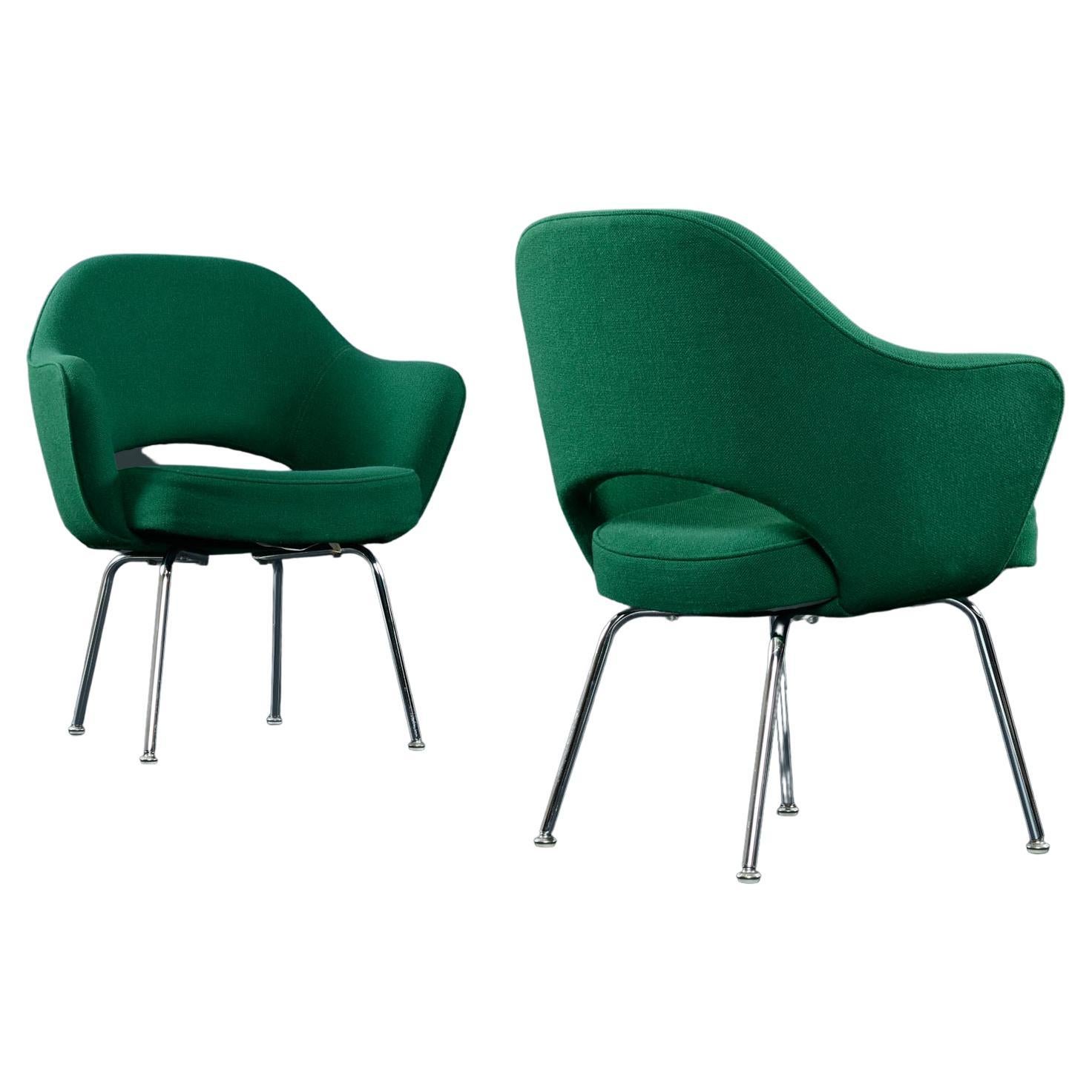 Price shown is for two chairs. Six chairs (3 pairs) available, inquire if you would like more than two chairs.

Eero Saarinen for Knoll Executive chairs in original emerald green fabric. It’s truly incredible to find a set of vintage upholstered