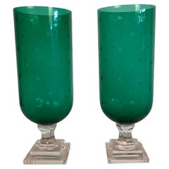 Antique Pair of Emerald Green Glass Hurricane Sconces with Etched Star Motif