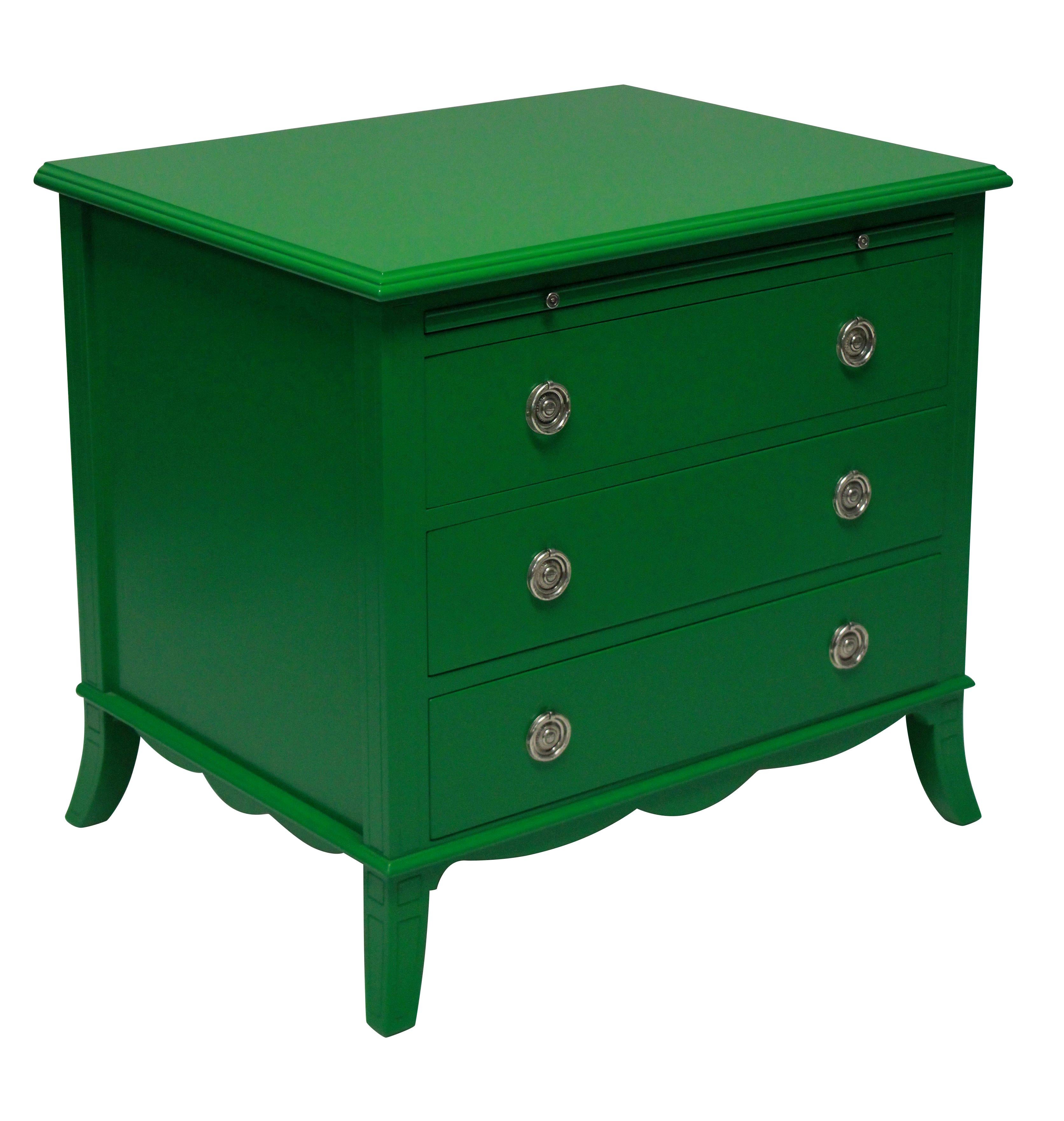 A pair of chests in green lacquer in the manner of Dorothy Draper, each with three drawers and a deep leather brushing slide. The handles of silver plate and good quality.

   