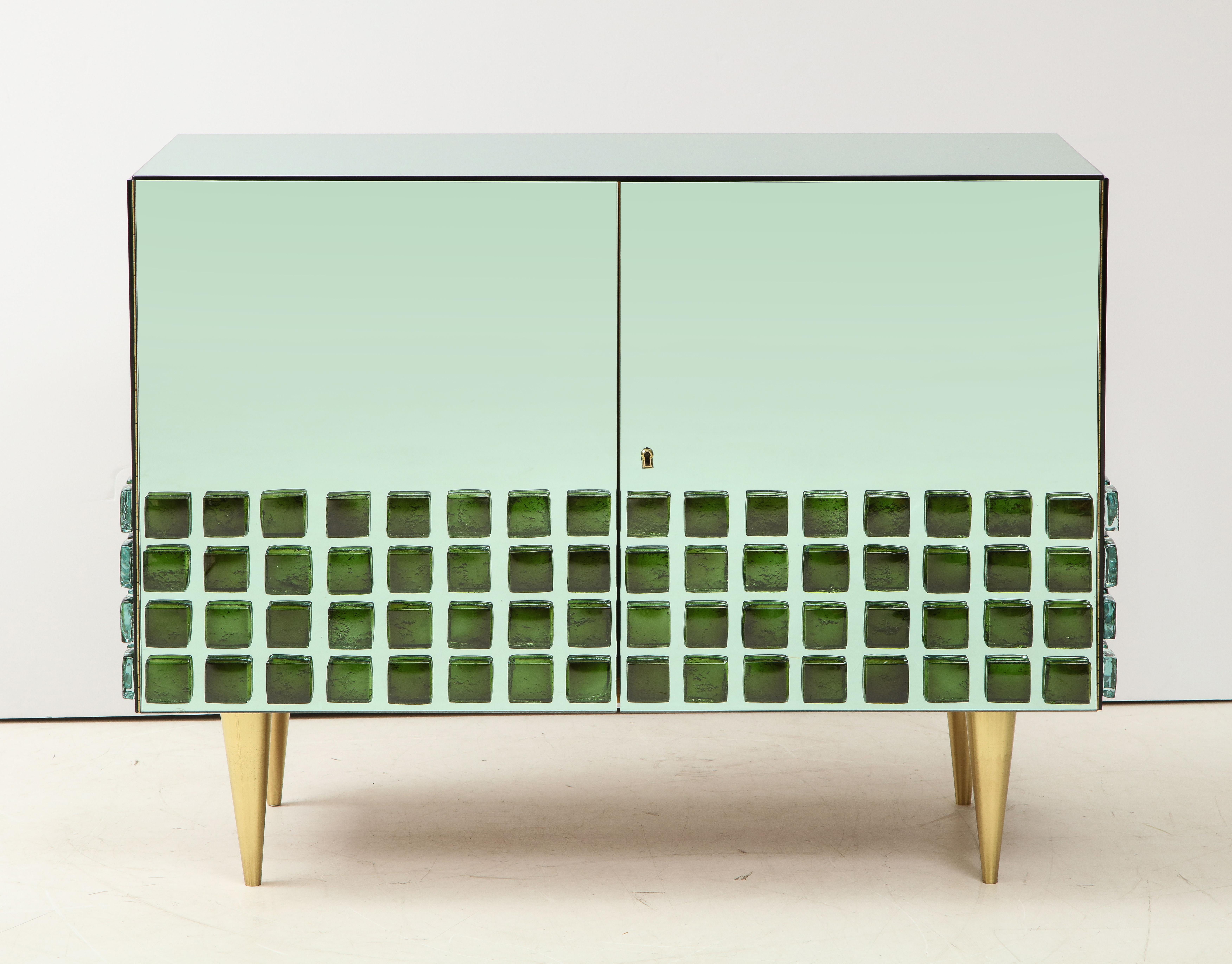 Mid-Century Modern Pair of Sculptural Soft Green Mirrored and Brass Cabinets or Nightstands, Italy