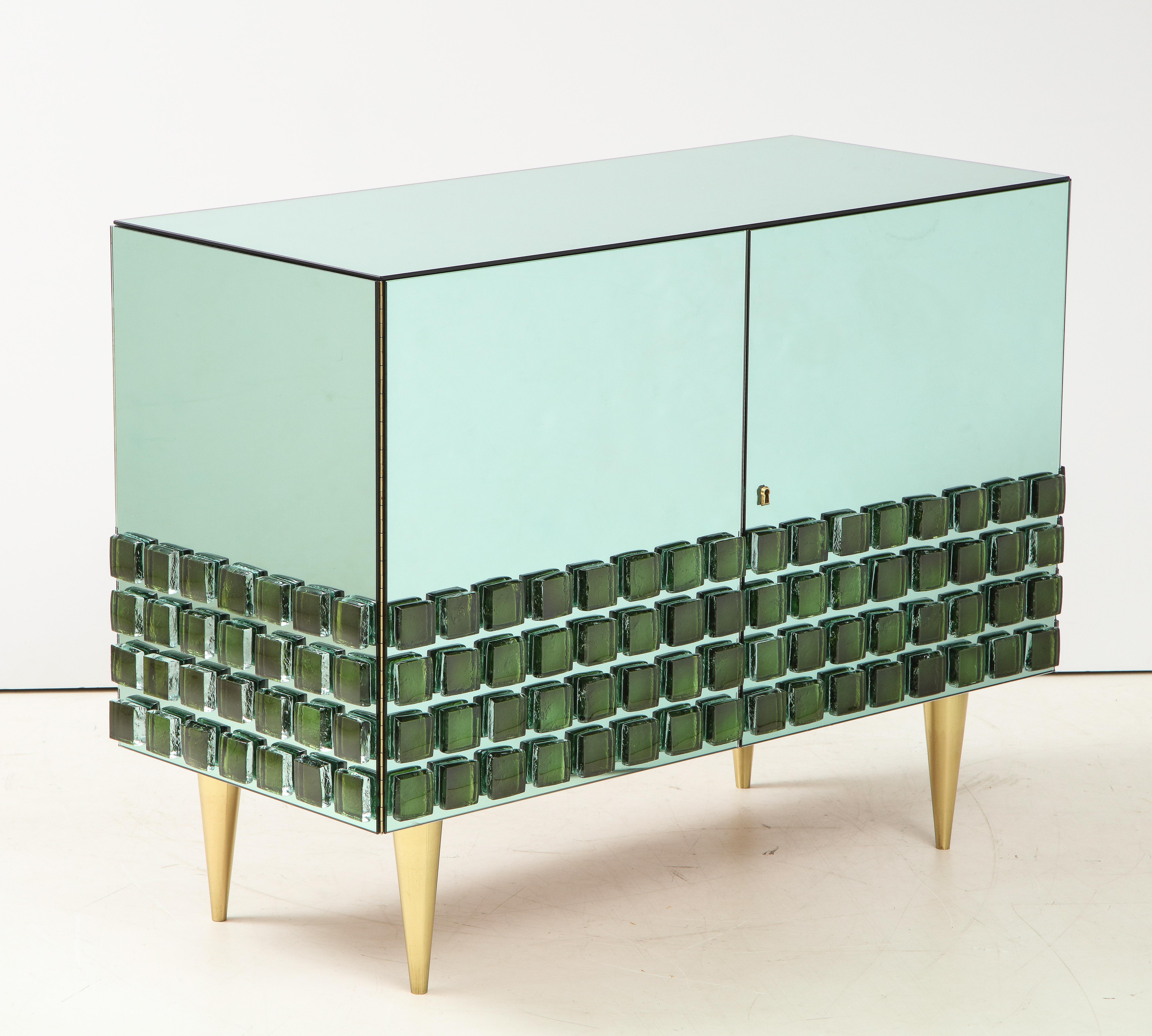 Italian Pair of Sculptural Soft Green Mirrored and Brass Cabinets or Nightstands, Italy