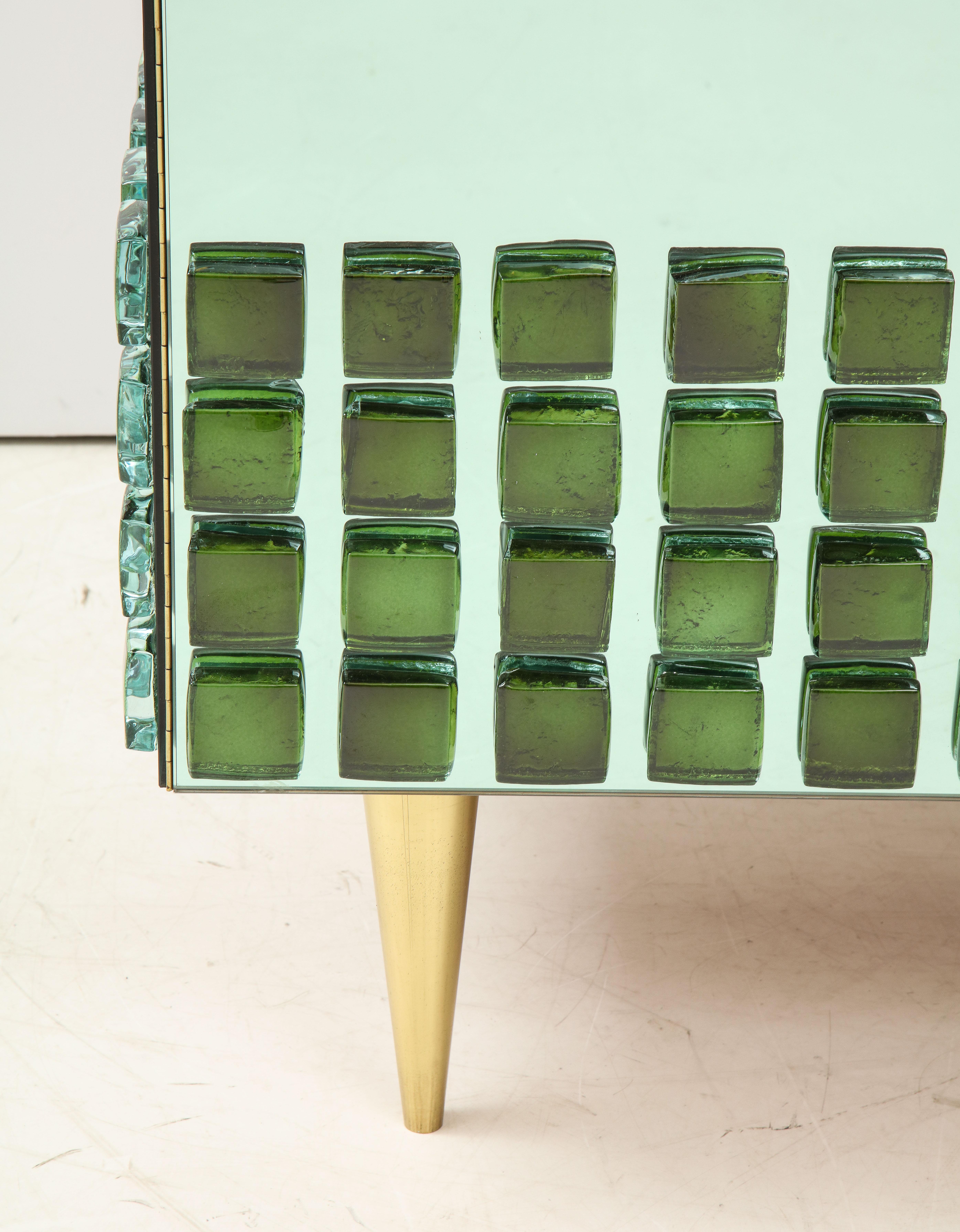 Pair of Sculptural Soft Green Mirrored and Brass Cabinets or Nightstands, Italy In New Condition In New York, NY