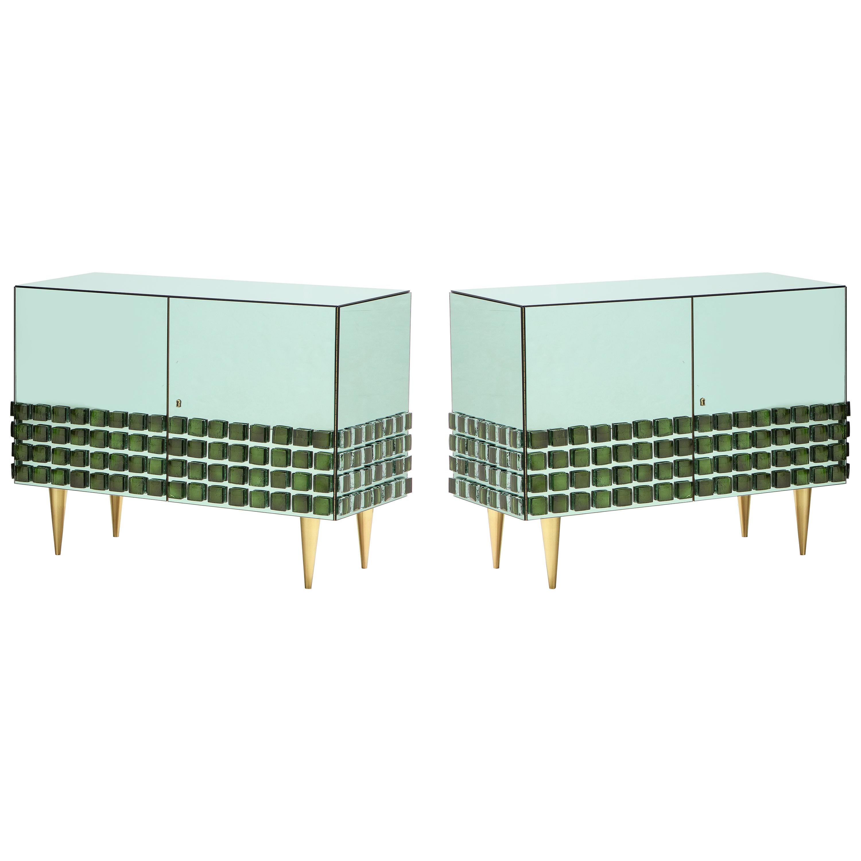 Pair of Sculptural Soft Green Mirrored and Brass Cabinets or Nightstands, Italy