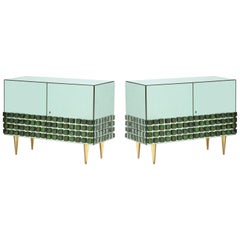 Pair of Soft Green Mirrored with Murano Glass Blocks and Brass Sideboards, Italy