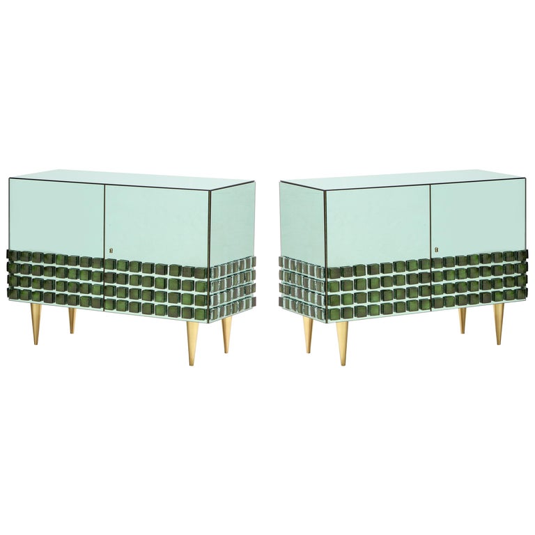 Pair of Sculptural Soft Green Mirrored and Brass or