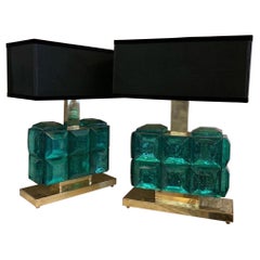 Pair of Emerald Green Murano Glass Jewel Table Lamps, 1980s Pair of Emerald Green Murano Glass Jewel Table Lamps, 1980s