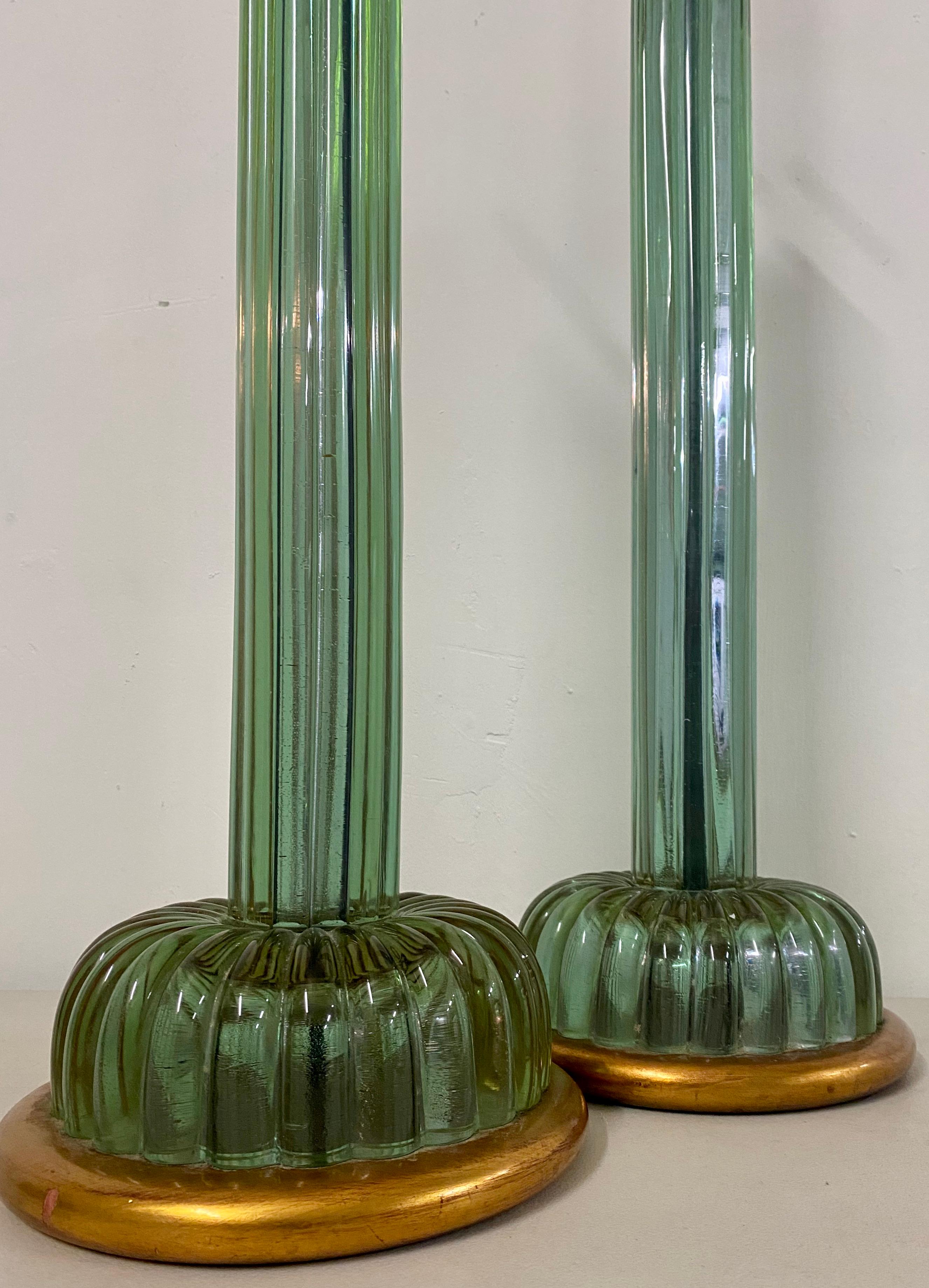 Mid-Century Modern Pair of Emerald Green Murano Glass Lamps by Marbro Lamp Company, circa 1950