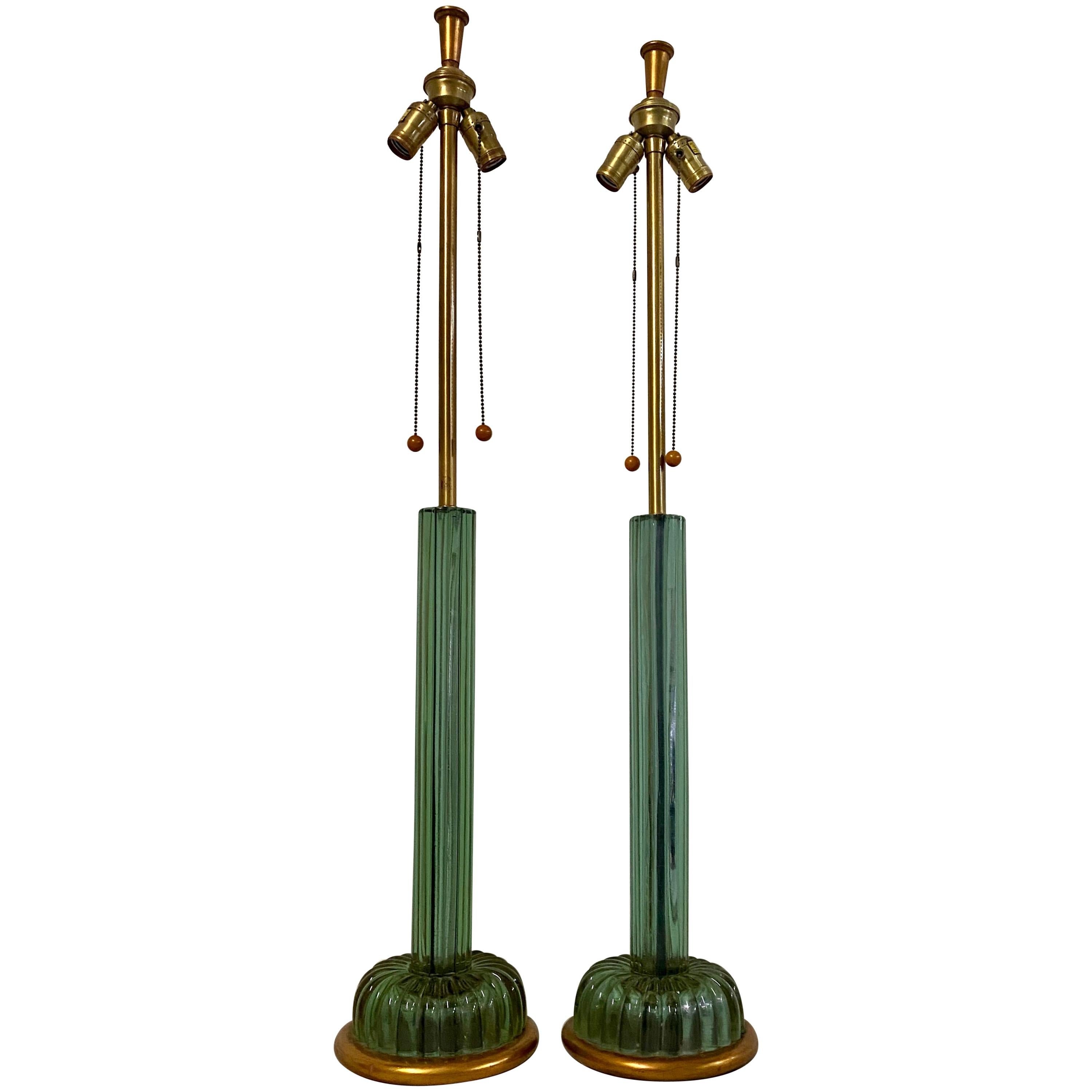 Pair of Emerald Green Murano Glass Lamps by Marbro Lamp Company, circa 1950