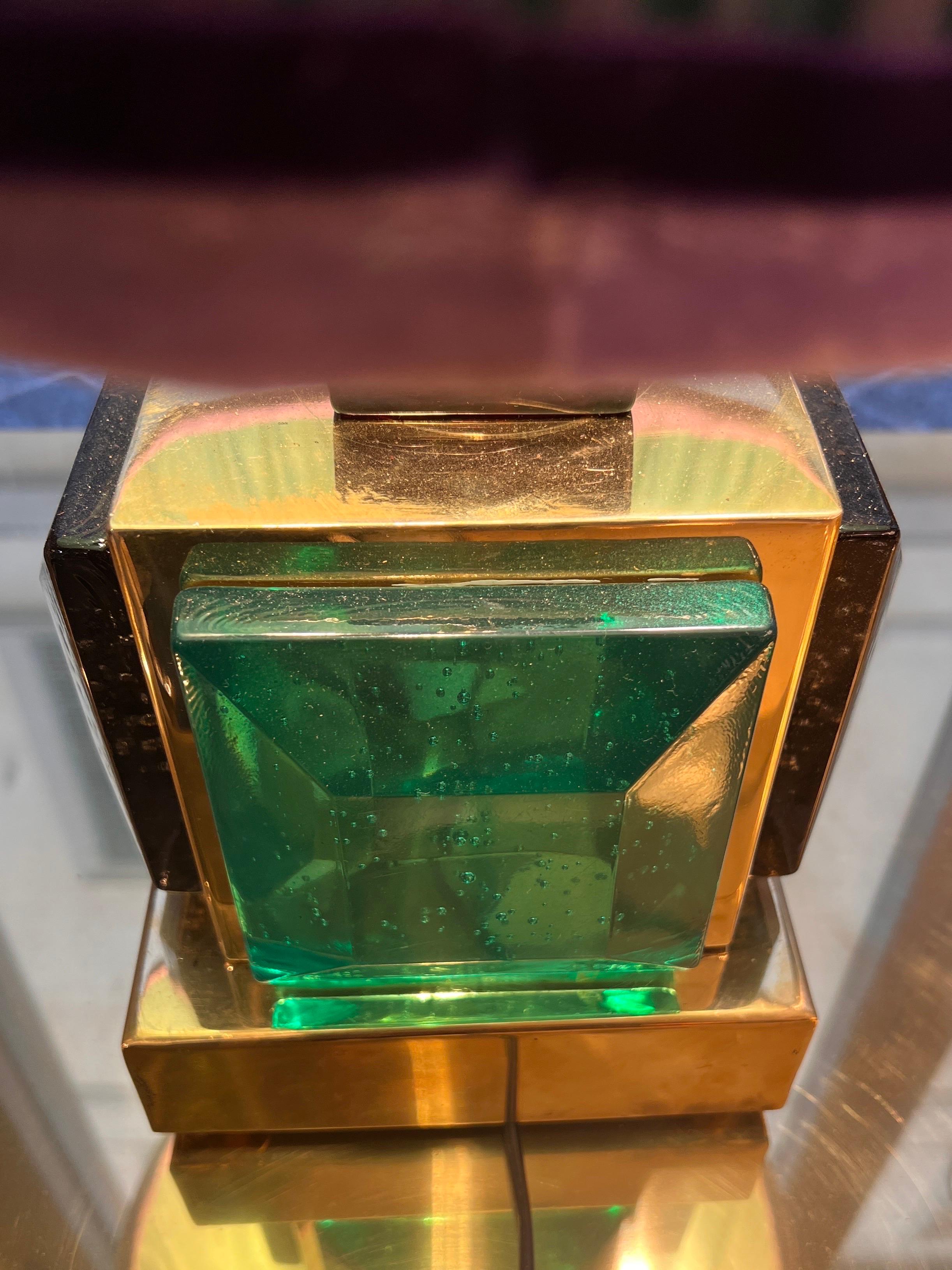 Coppia di lampade da tavolo in vetro di Murano verde smeraldo con i nostri paralumi cuciti a mano 1980 in vendita 3
