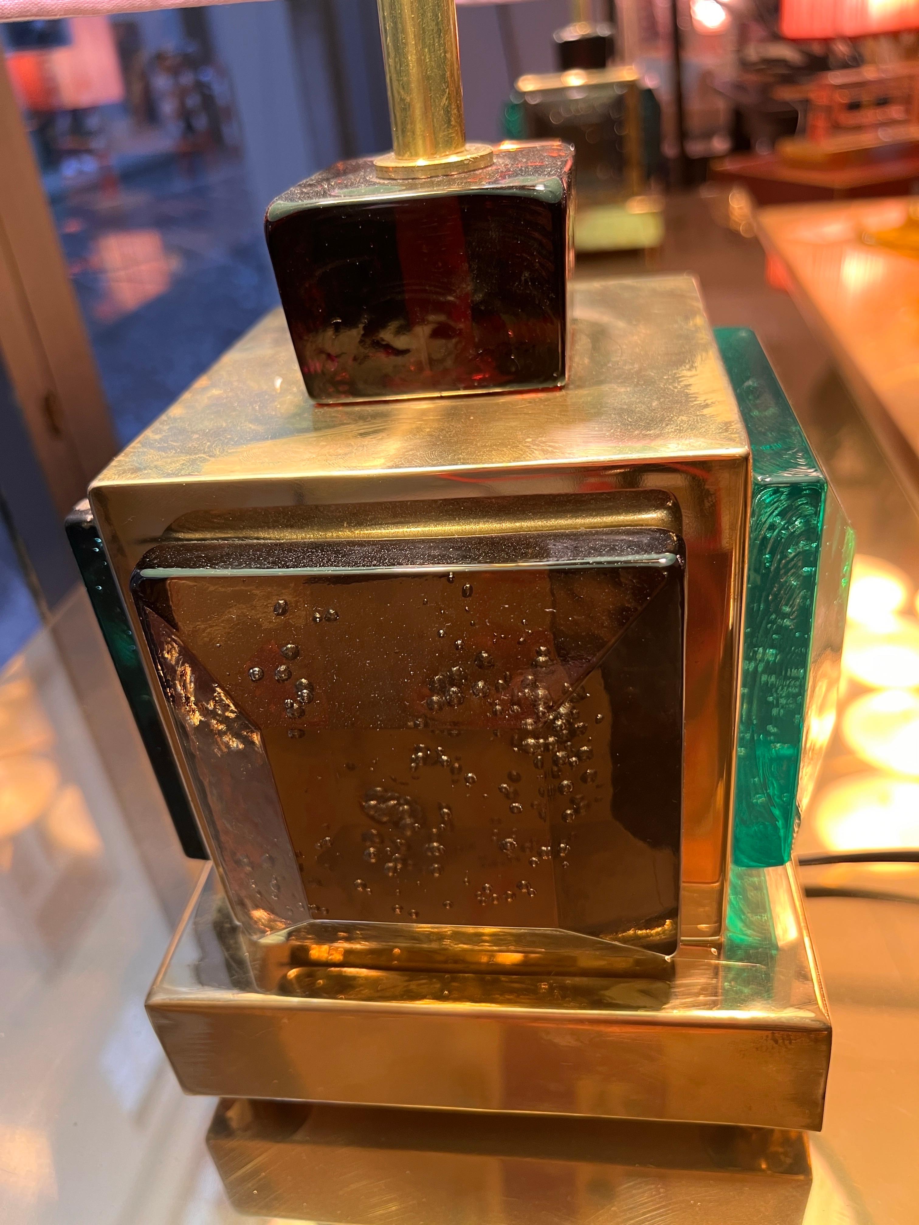 Coppia di lampade da tavolo in vetro di Murano verde smeraldo con i nostri paralumi cuciti a mano 1980 in vendita 5