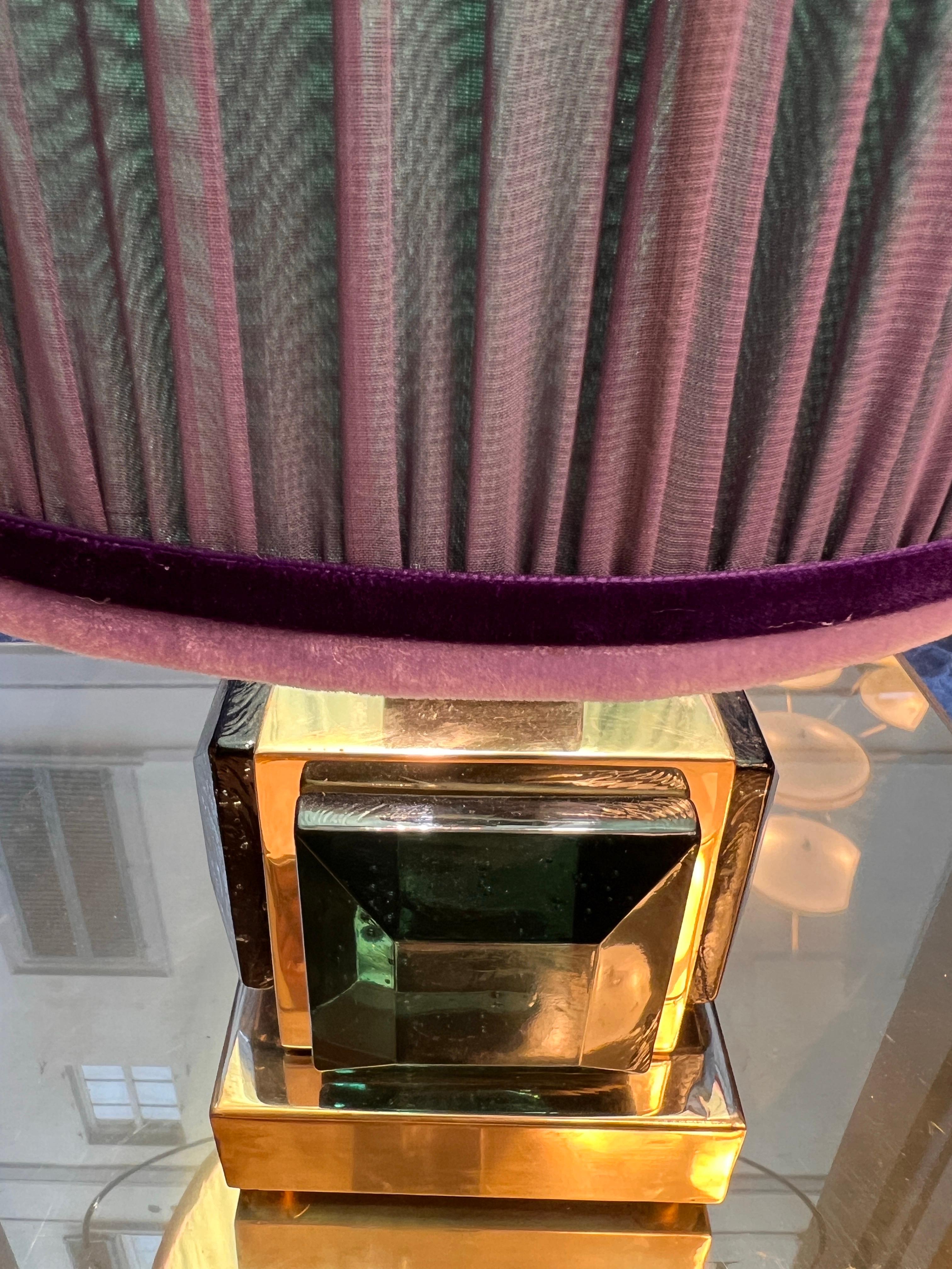 Coppia di lampade da tavolo in vetro di Murano verde smeraldo con i nostri paralumi cuciti a mano 1980 in vendita 6