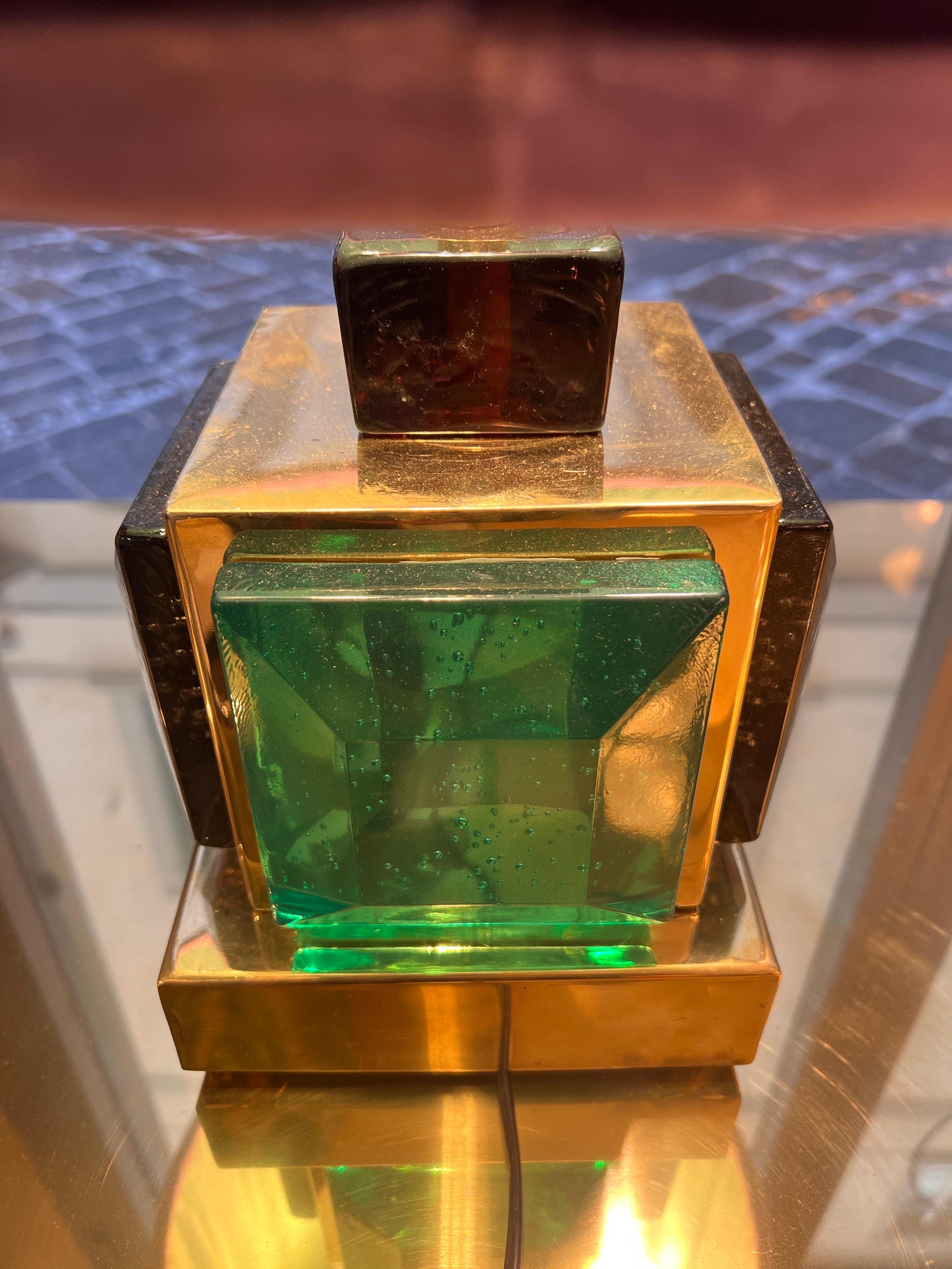 Coppia di lampade da tavolo in vetro di Murano verde smeraldo con i nostri paralumi cuciti a mano 1980 in vendita 7