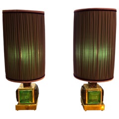 Coppia di lampade da tavolo in vetro di Murano verde smeraldo con i nostri paralumi cuciti a mano 1980