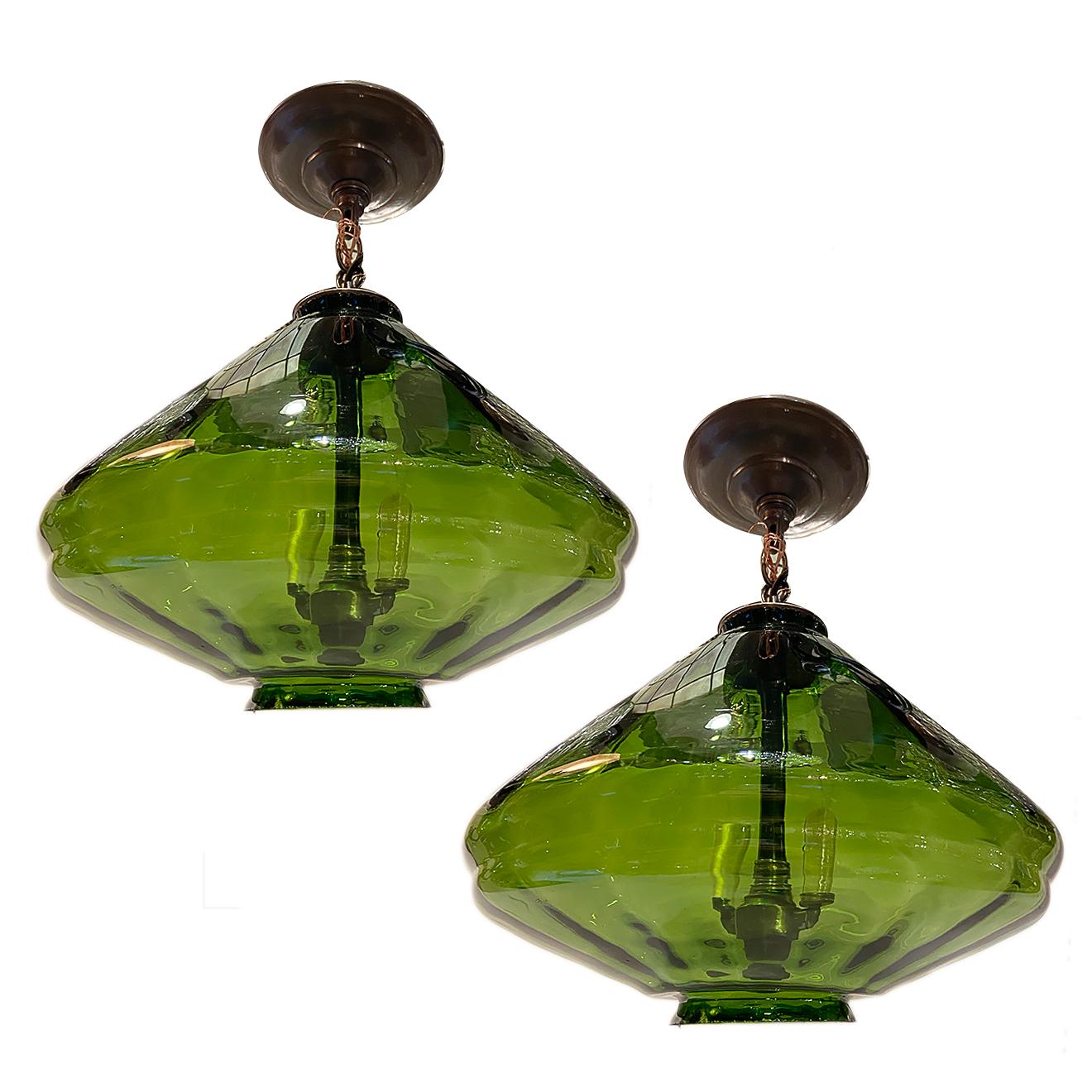 A pair of Italian circa 1950's blown Murano glass lanterns with two interior lights each. Sold individually.

Measurements:
Min. drop 10.75